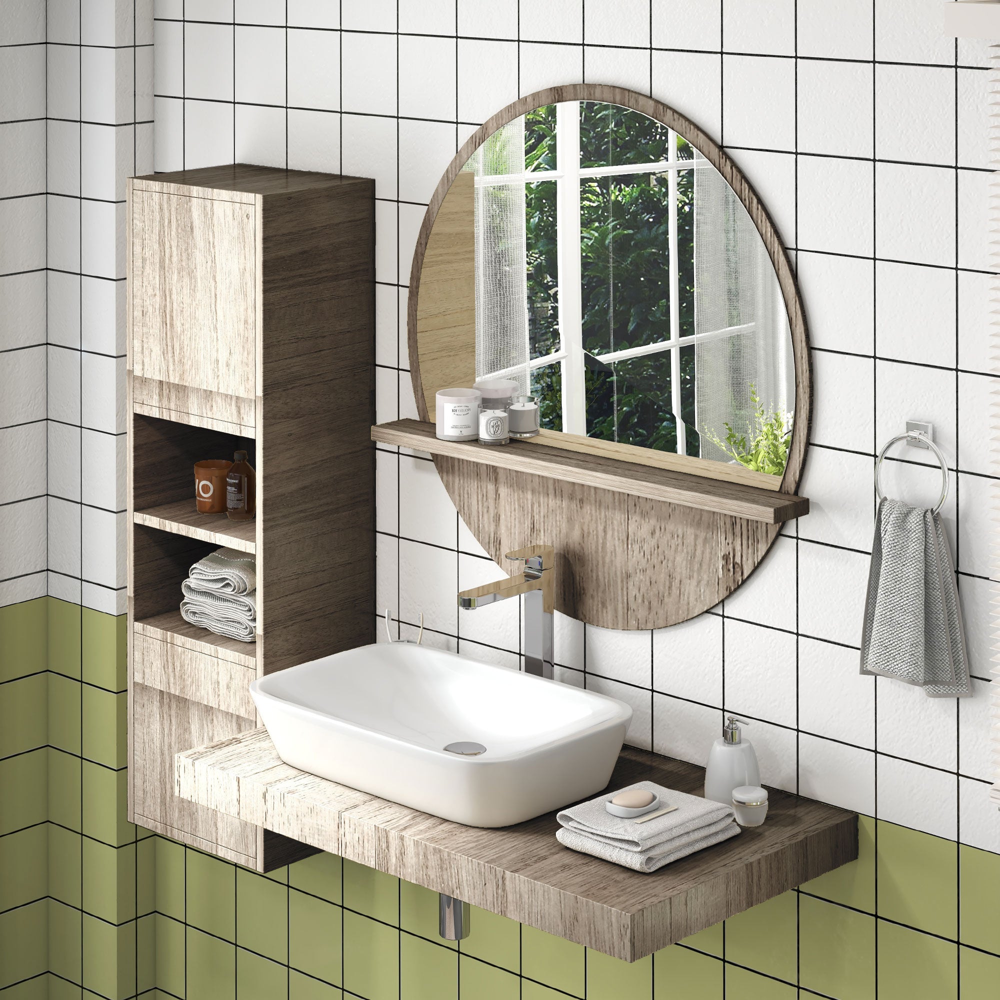 kleankin 45cm Round Home Mirror, with Shelf - Grey Wood-Effect - North Peak Garden Furniture