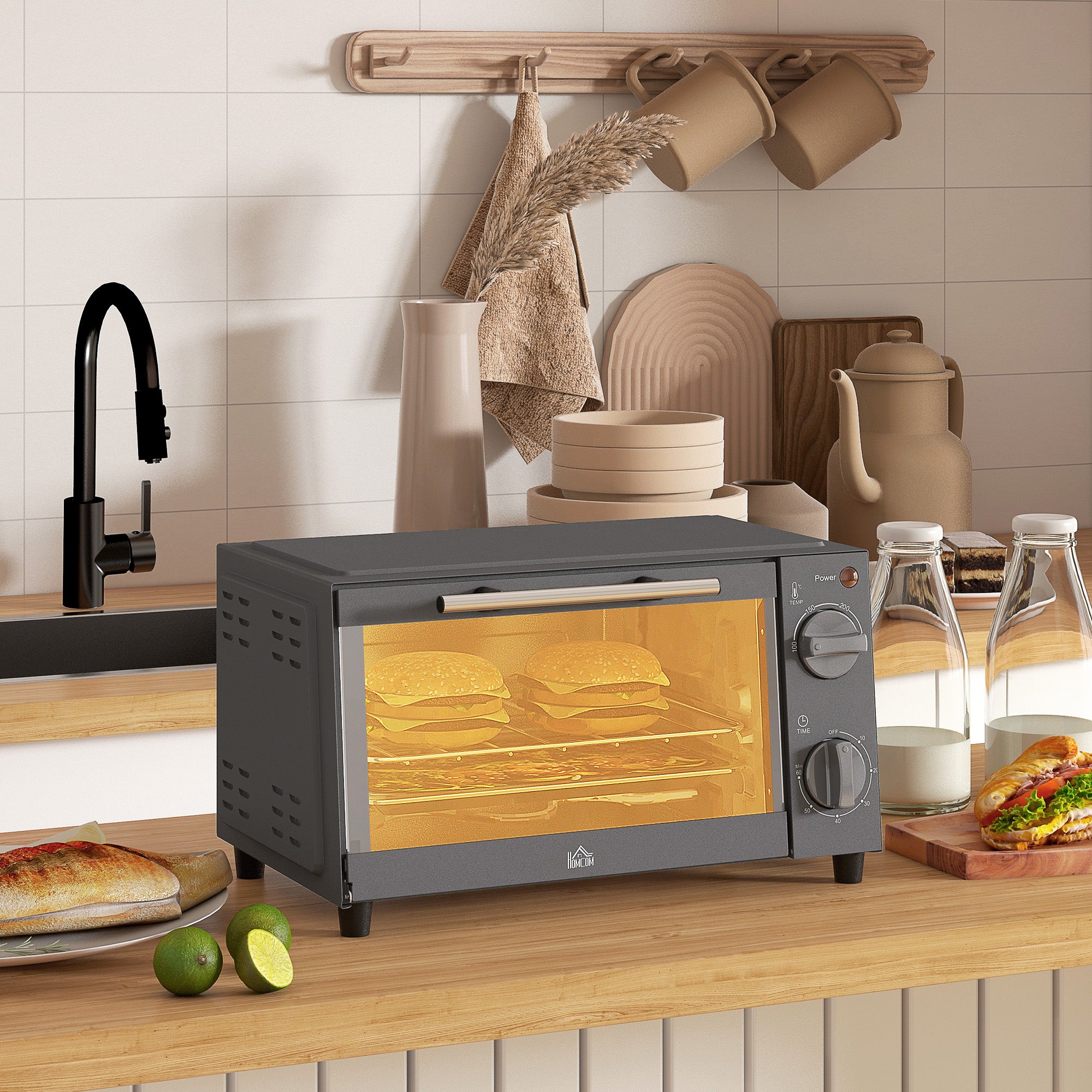 HOMCOM Mini Oven, 9L Countertop Electric Grill, Toaster Oven with Adjustable Temperature, Timer, Dishwasher Safe Baking Tray and Wire Rack, 750W, Grey - North Peak Garden Furniture