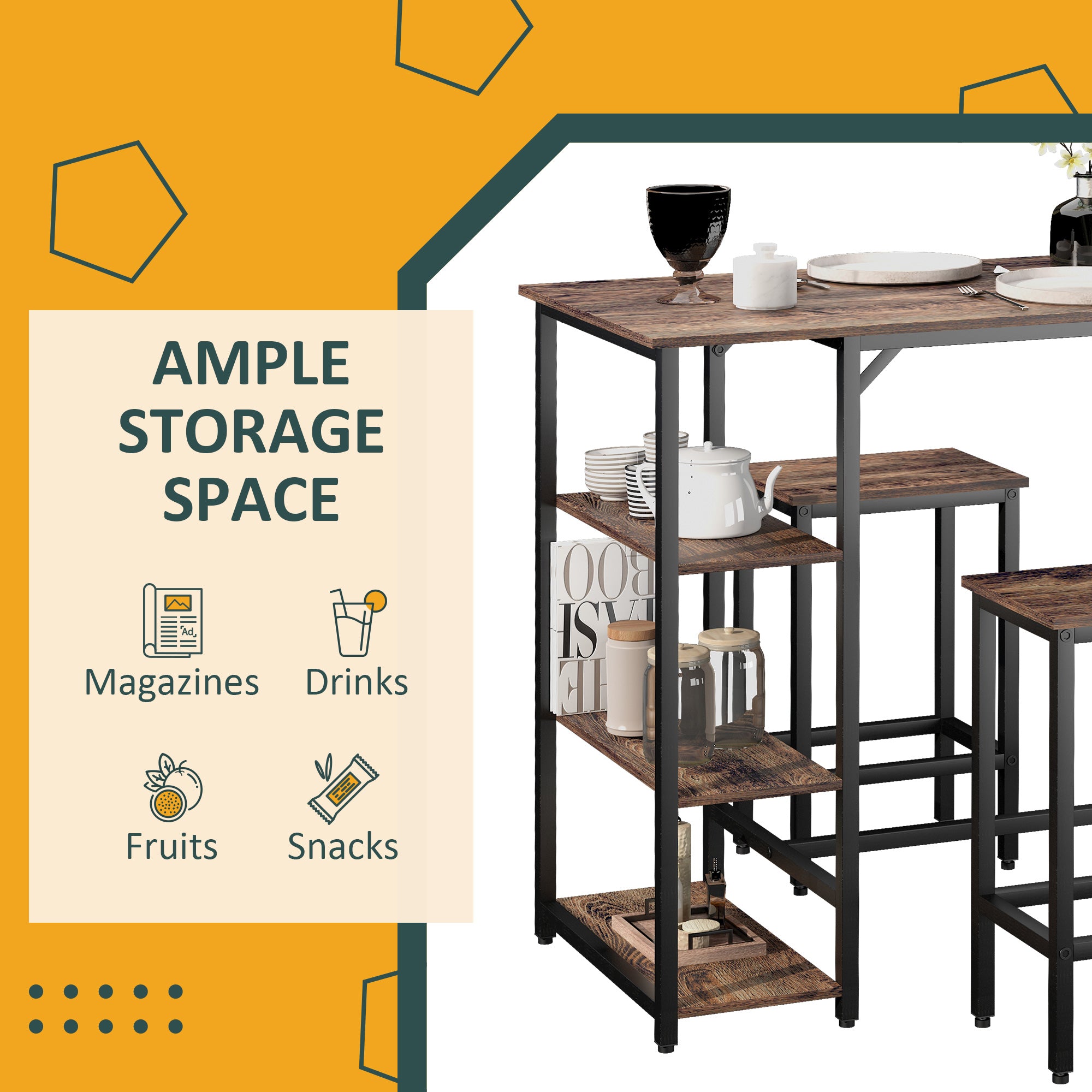 HOMCOM Industrial Bar Height Dining Table Set With 2 Stools & Side Shelf, 3 Pieces Coffee Table for Dining Room, Kitchen, Dinette - North Peak Garden Furniture