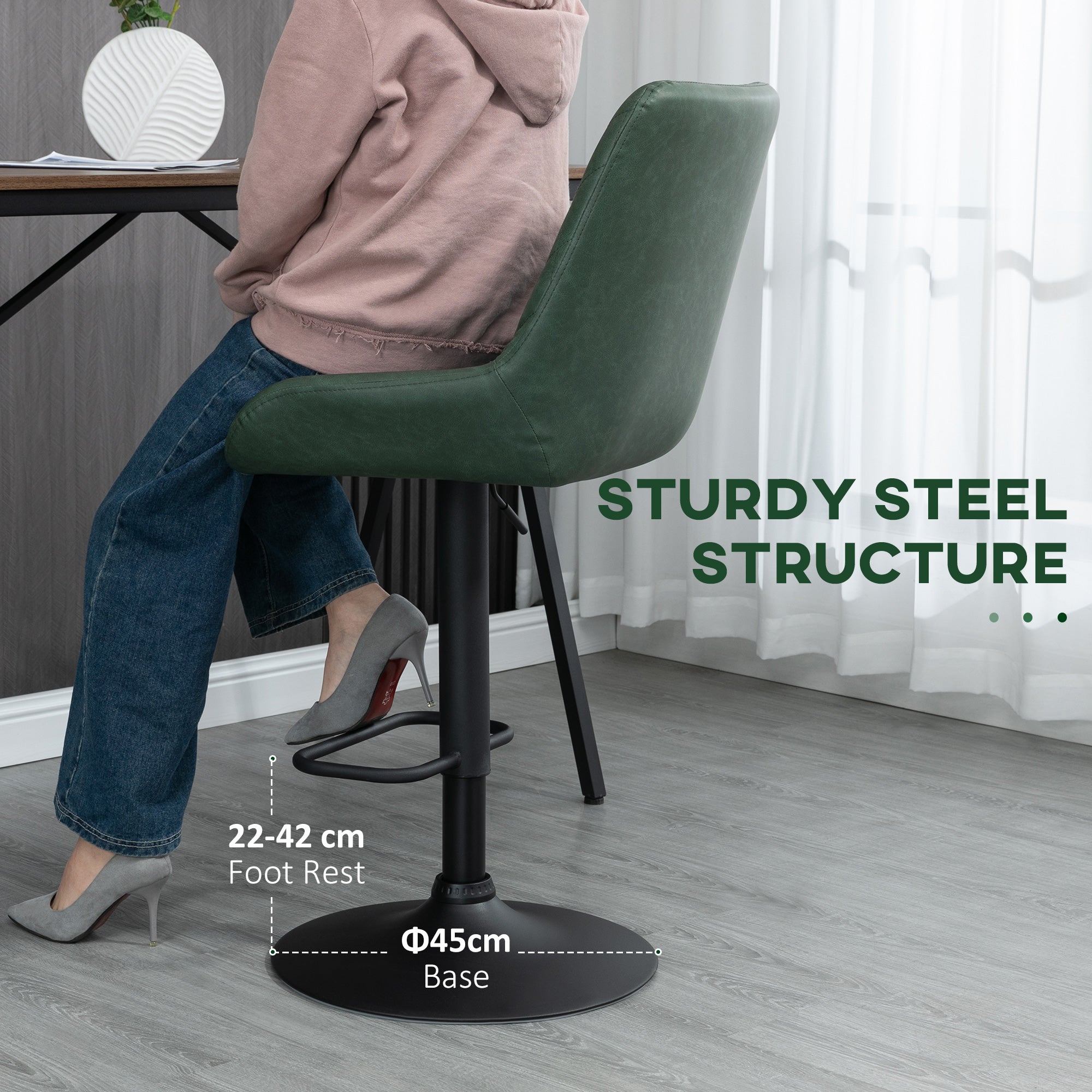 HOMCOM Retro Bar Stools Set of 2, Adjustable Kitchen Stool, Upholstered Bar Chairs with Back, Swivel Seat, Green - North Peak Garden Furniture