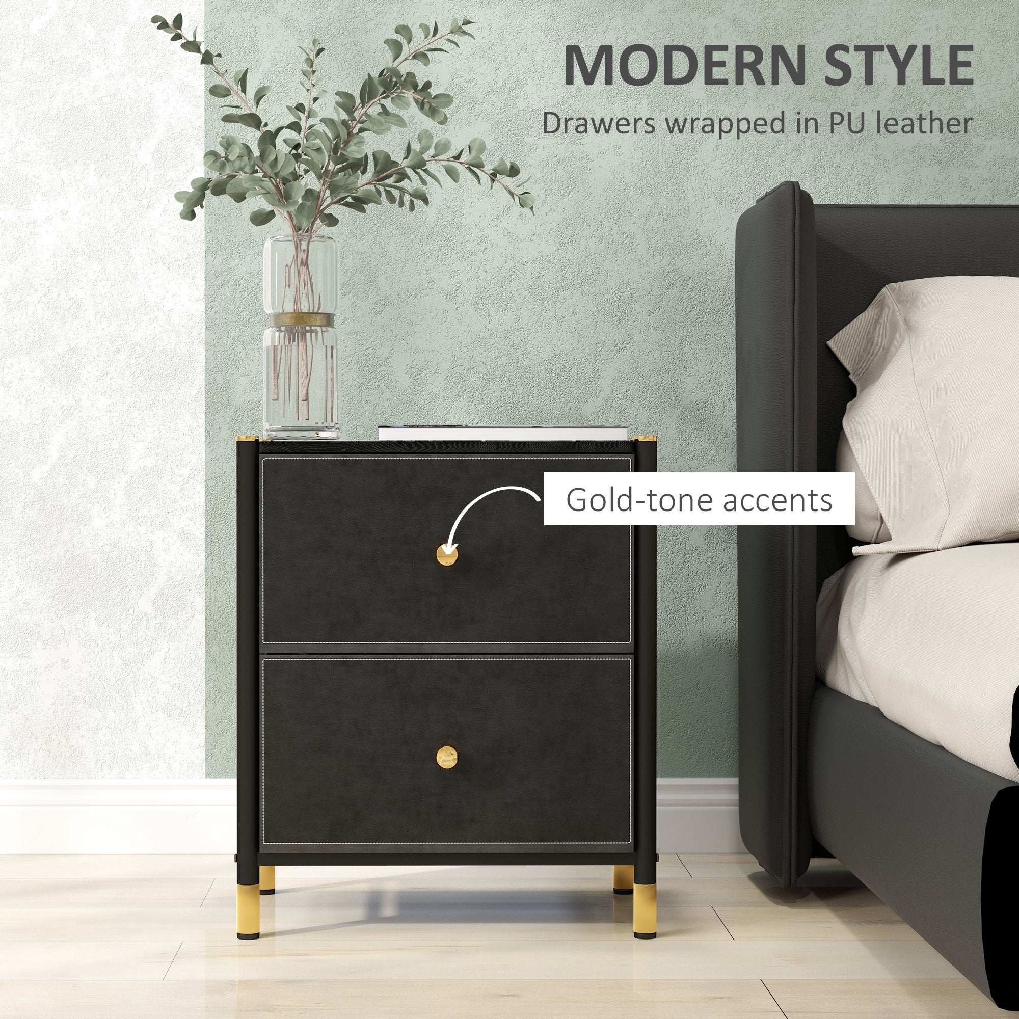 HOMCOM Faux Leather Bedside Table - Black - North Peak Garden Furniture