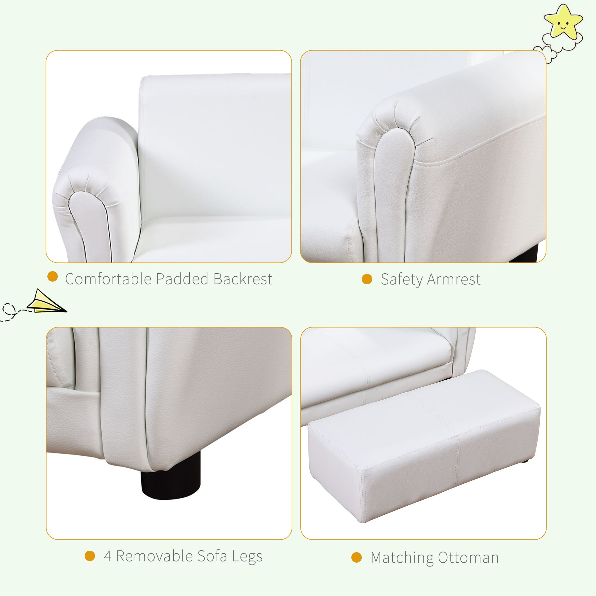 HOMCOM 2 Seater Toddler Chair Kids Twin Sofa Childrens Double Seat Chair Furniture Armchair Boys Girls Couch w/ Footstool (White) - North Peak Garden Furniture