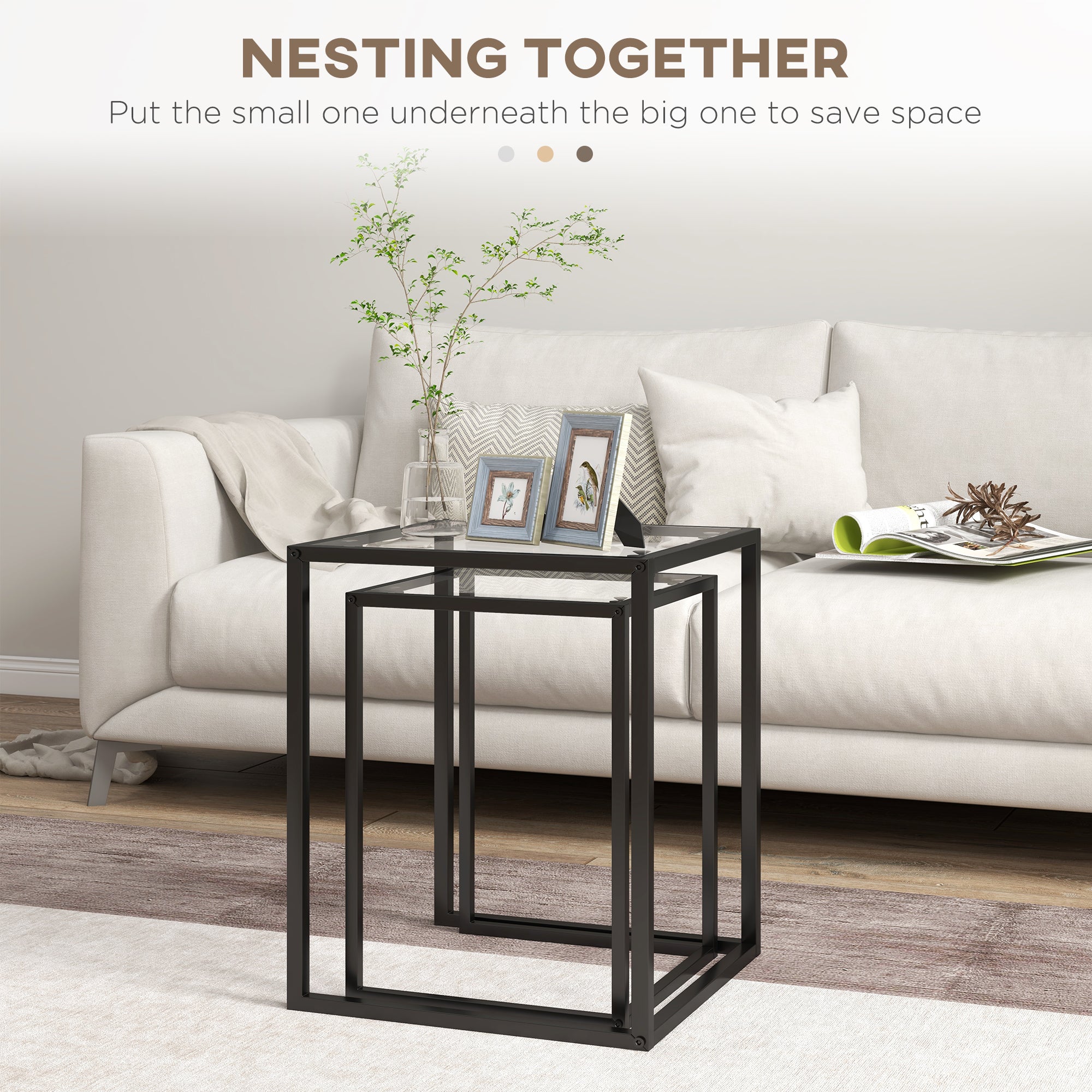 HOMCOM Nesting Tables Set of 2, Side End Table with Tempered Glass Top and Steel Frame for Living Room, Bedroom, Black - North Peak Garden Furniture