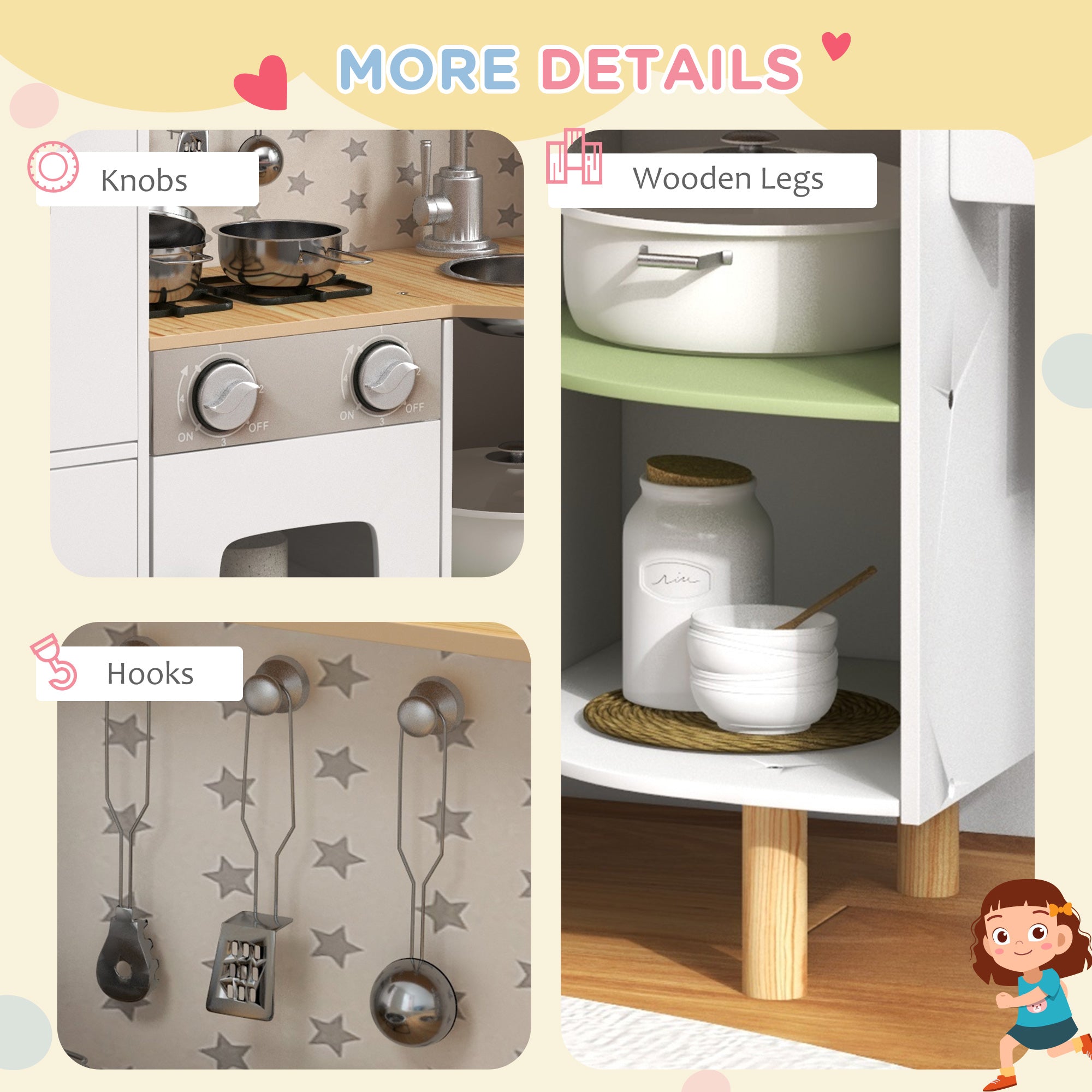 AIYAPLAY Toy Kitchen, Kids Play Kitchen, Role Playing Game with Phone, Ice Maker, Stove, Utensils, for 3-6 Years, White - North Peak Garden Furniture