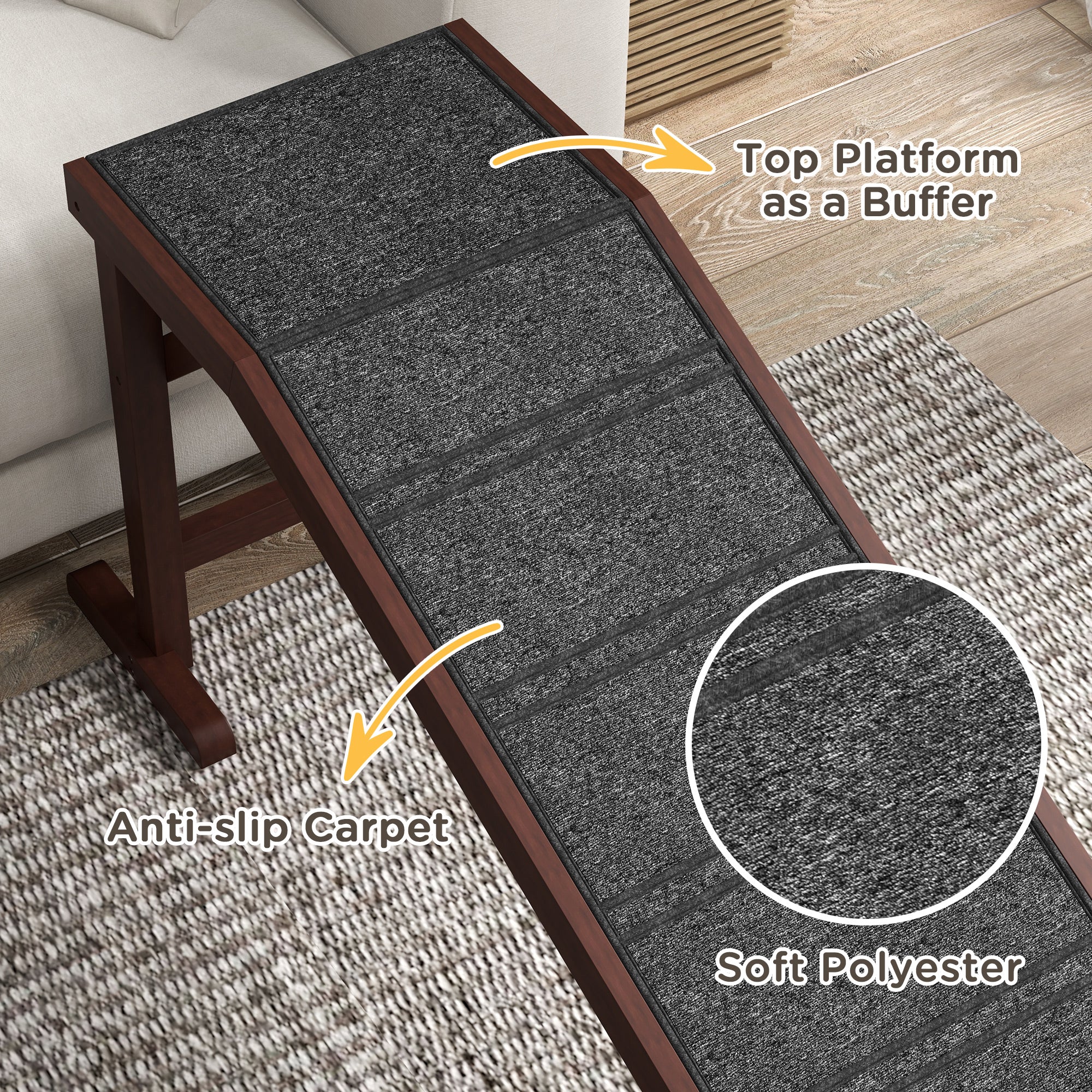 PawHut Pet Ramp for Dogs Cats Non-Slip Carpet Top Platform - Brown & Grey - North Peak Garden Furniture