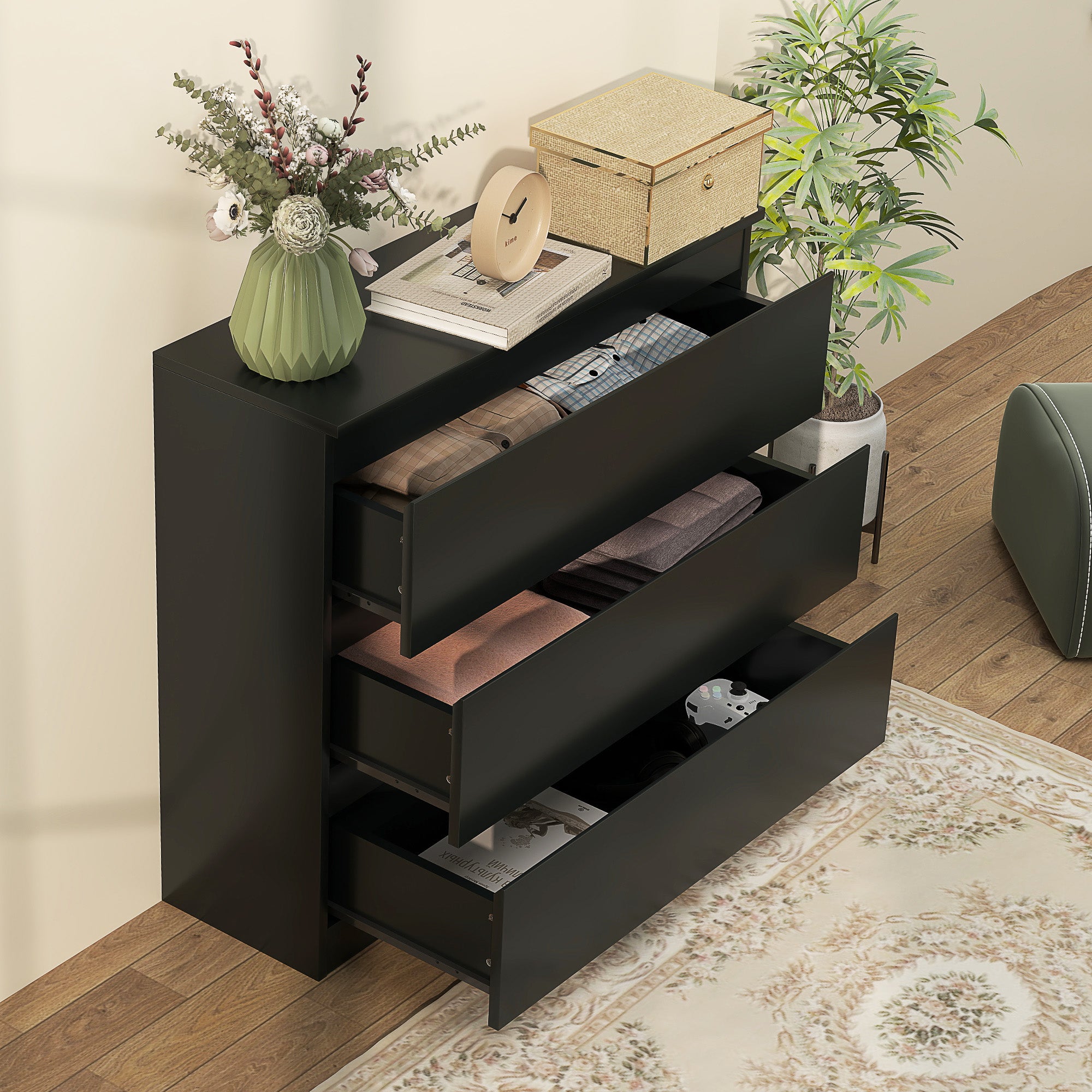 HOMCOM Chest of Drawers, 3-Drawer Storage Organiser Unit for Bedroom, Living Room, Black - North Peak Garden Furniture