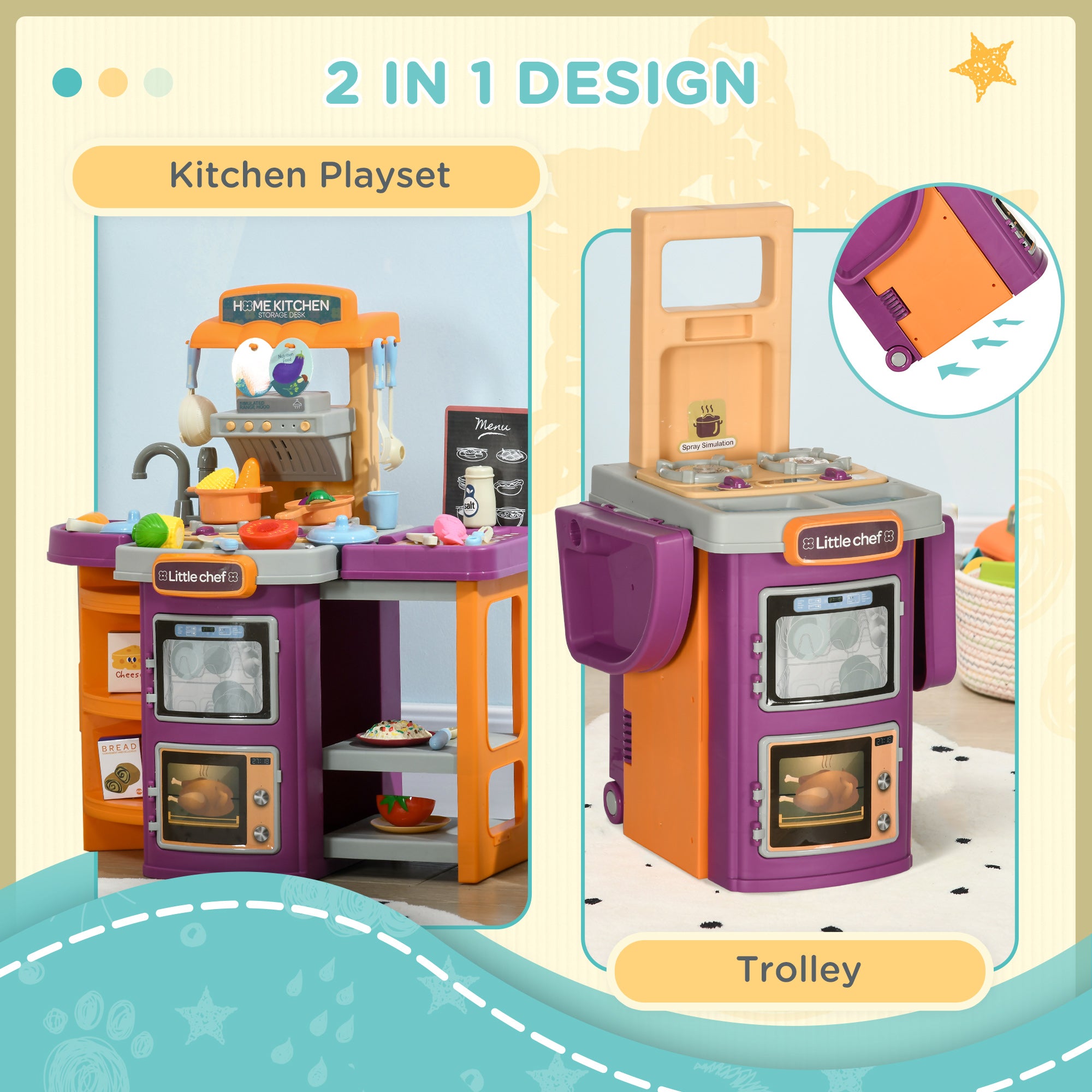 Aiyaplay Culinary Playset: Illuminated Kitchen Trolley with Realistic Sounds, Water Spritz & 49 Accessories for Budding Chefs, Multicoloured