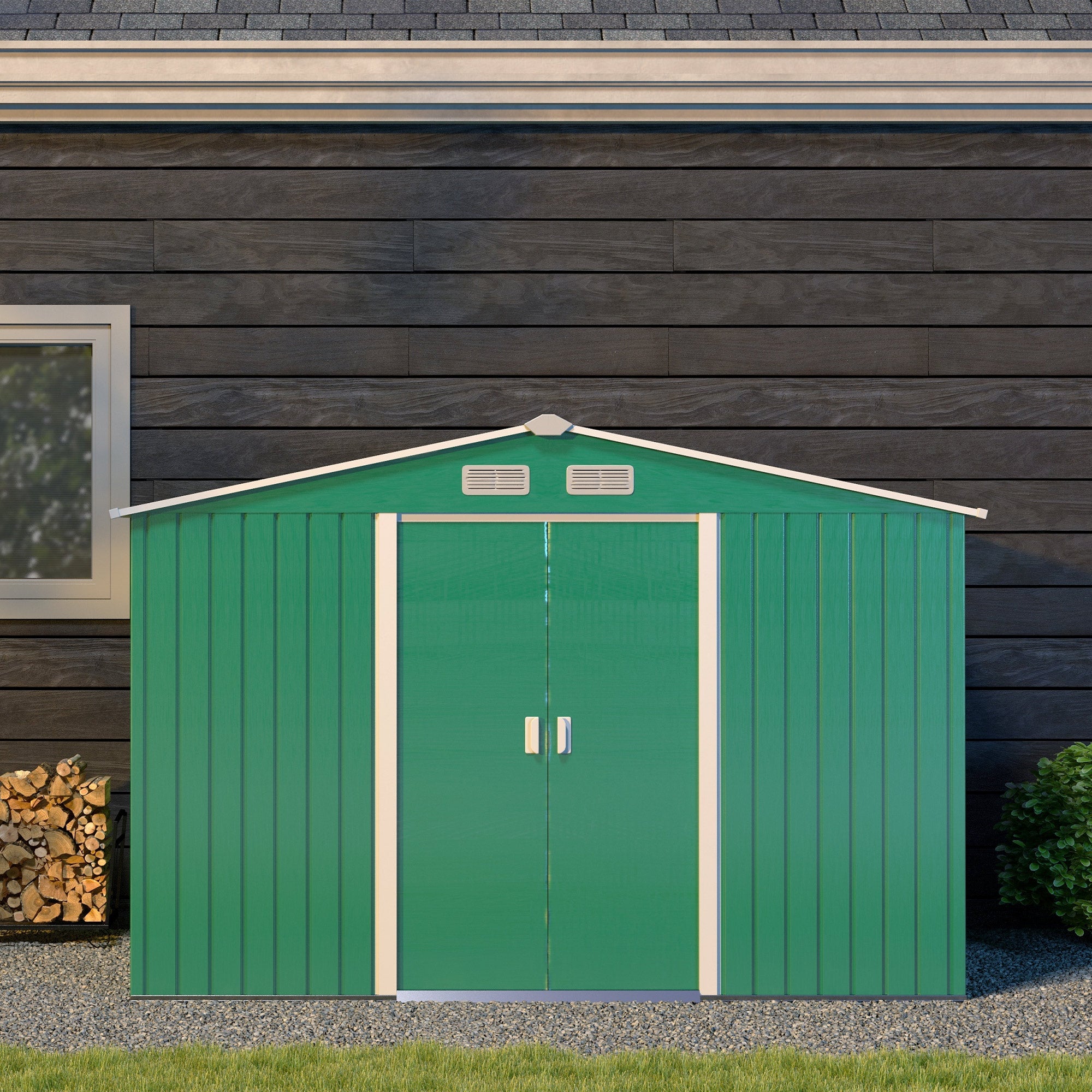 Outsunny 9 x 6ft Metal Garden Shed, Outdoor Storage Tool House with Ventilation Slots, Foundation Kit and Lockable Double Doors, Green - North Peak Garden Furniture