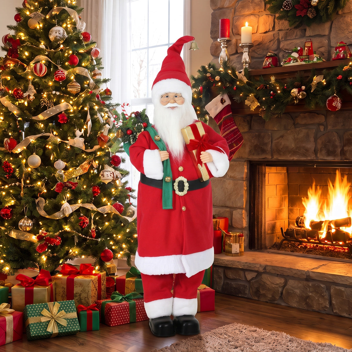 HOMCOM 4ft Singing Dancing Santa Claus, Standing Christmas Animated Santa Figure with Gift and Sack, Sound/Touch Activated