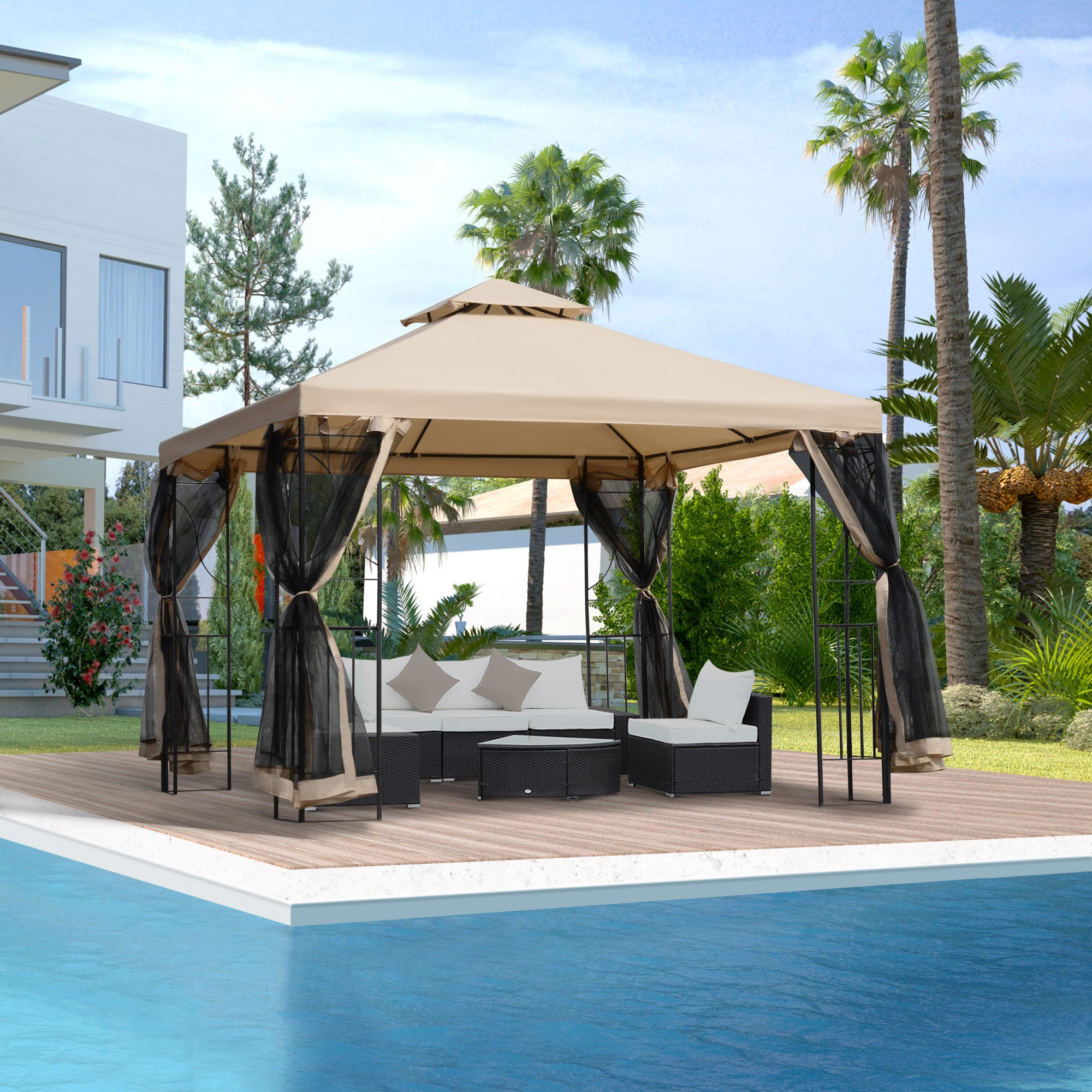 Outsunny 3(m) x 3(m) Garden Gazebo, Double Roof Outdoor Gazebo Canopy Shelter with Netting, Solid Steel Frame for Garden, Lawn, Backyard and Deck - North Peak Garden Furniture