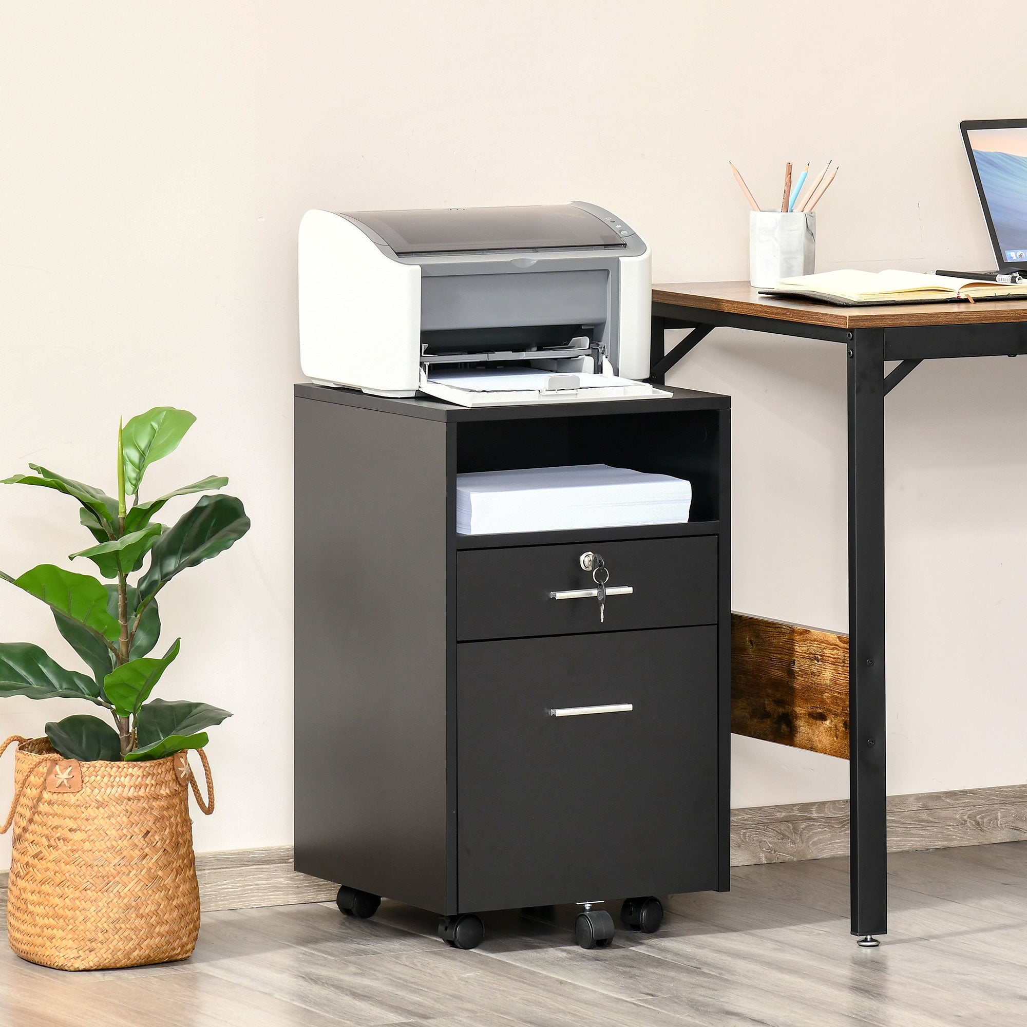 Vinsetto Lockable Two-Drawer Filing Cabinet, with Wheels - Black - North Peak Garden Furniture