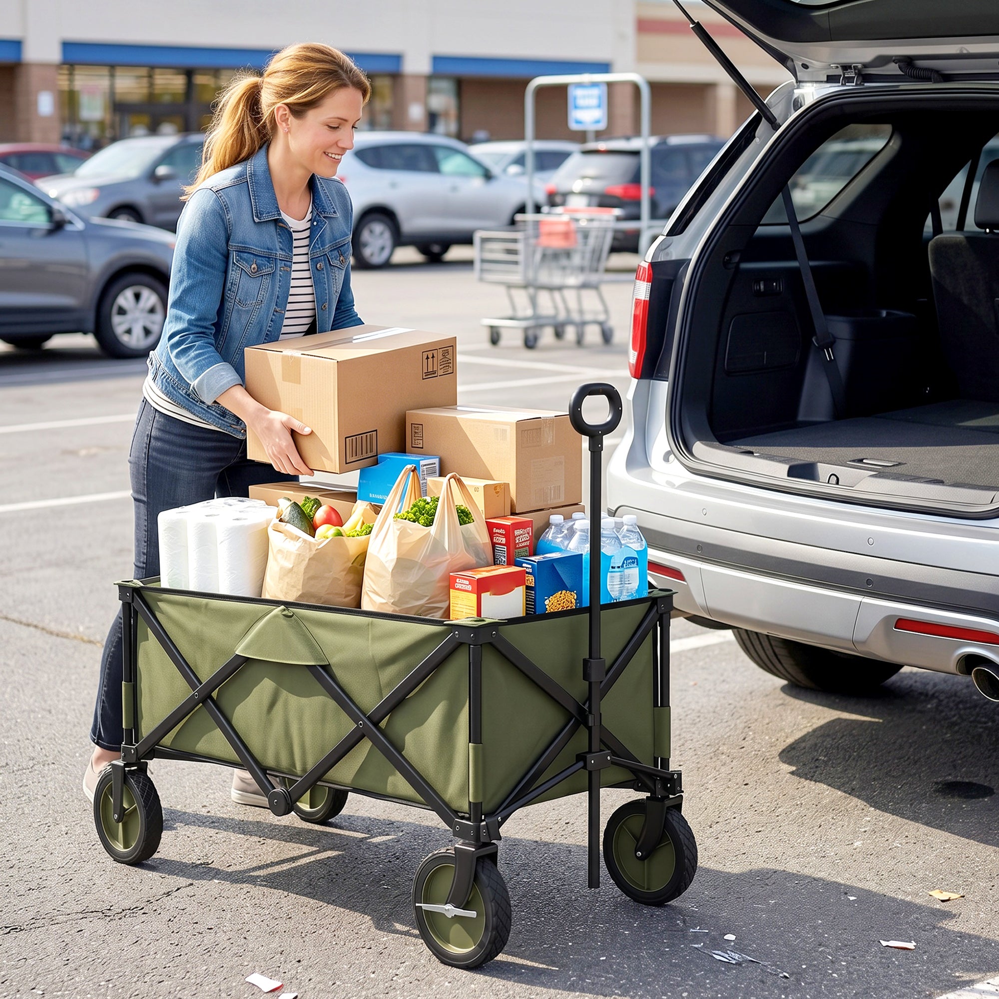 Outsunny Folding Garden Trolley, Cargo Trailer on Wheels, Collapsible Camping Trolley with Folding Board, Outdoor Utility Wagon with Steel Frame and Oxford Fabric, Green