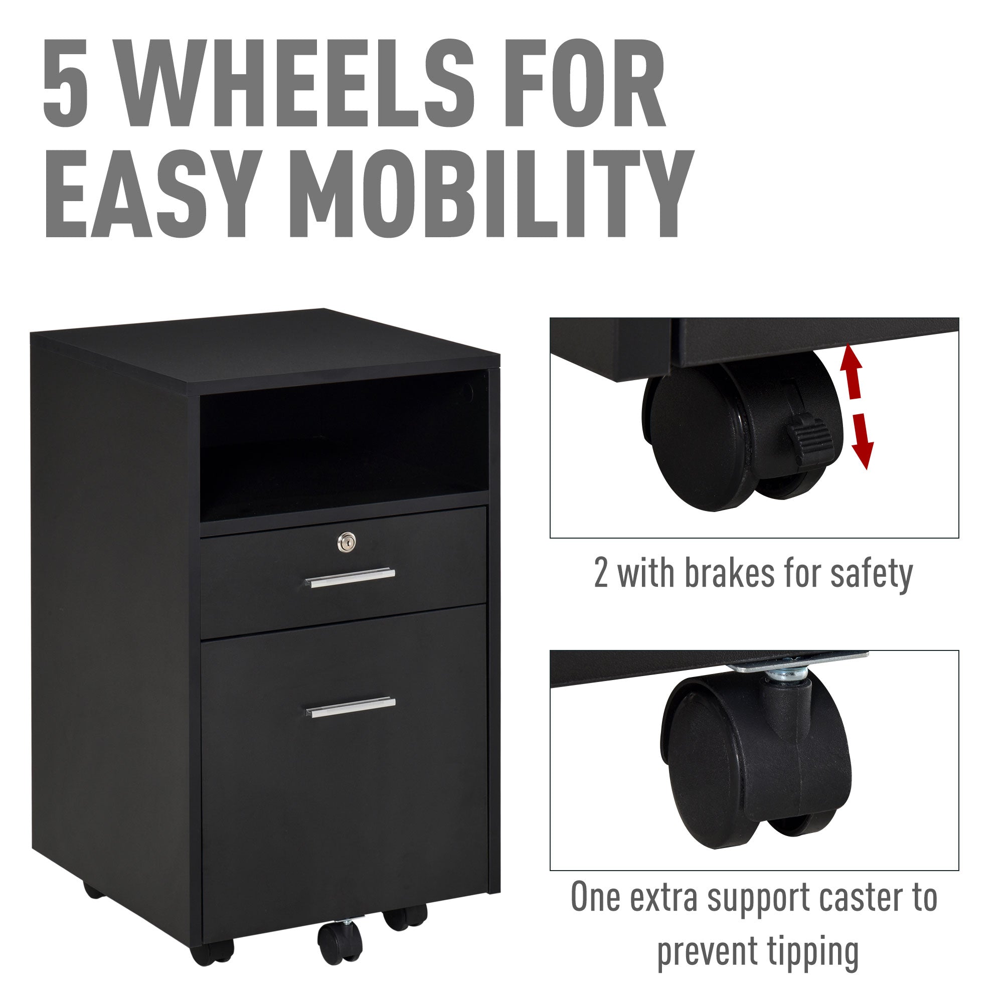 Vinsetto Lockable Two-Drawer Filing Cabinet, with Wheels - Black