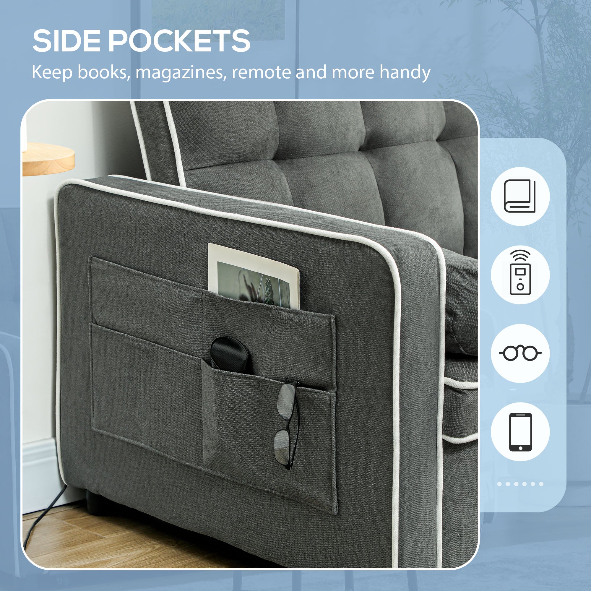 HOMCOM Two-Seater Linen-Look Sofa Bed - Charcoal Grey - North Peak Garden Furniture