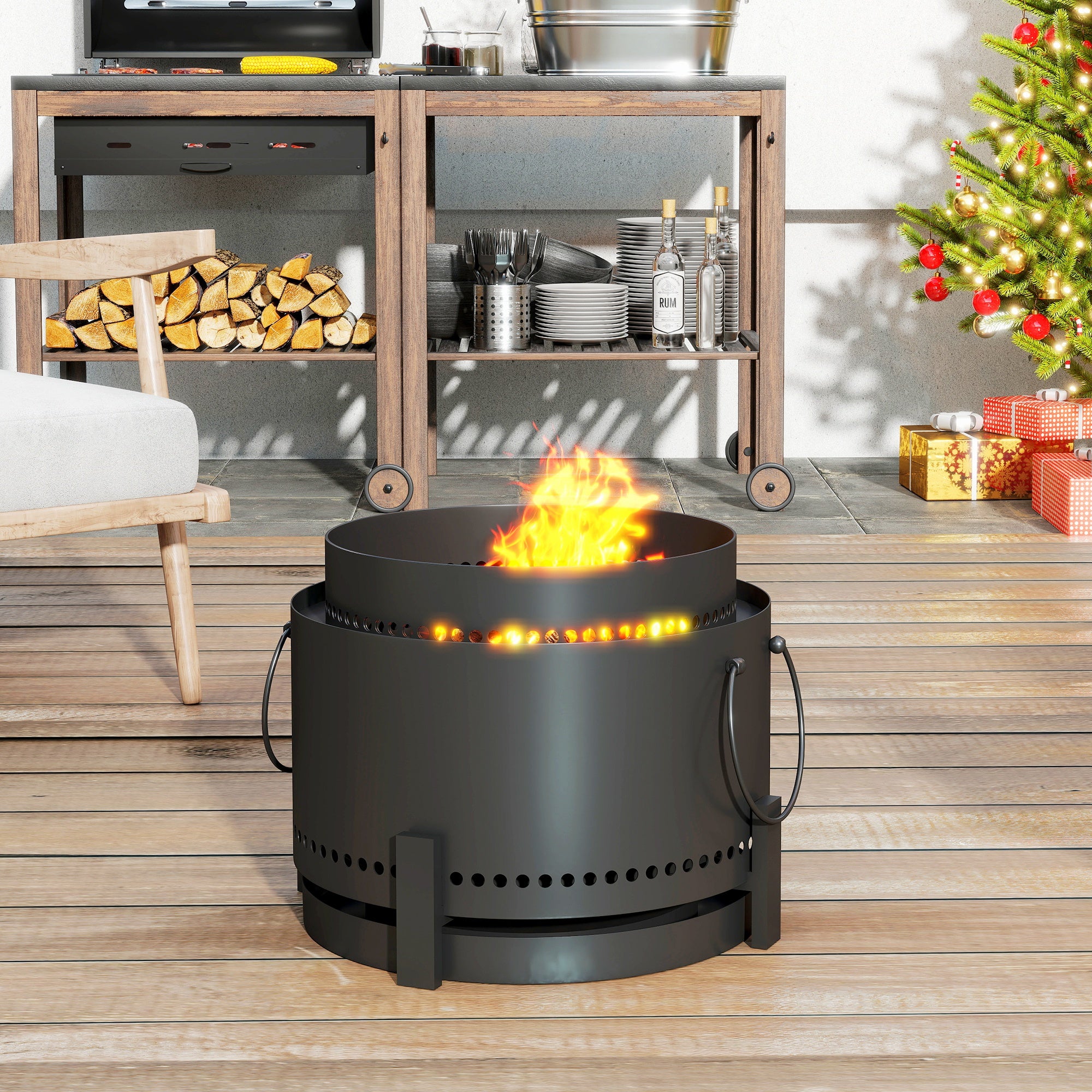Outsunny Smokeless Fire Pit with Ash Catcher, 37cm Portable Wood Burning Firepit with Poker for Garden Camping Bonfire Party, Metal, Dark Grey - North Peak Garden Furniture