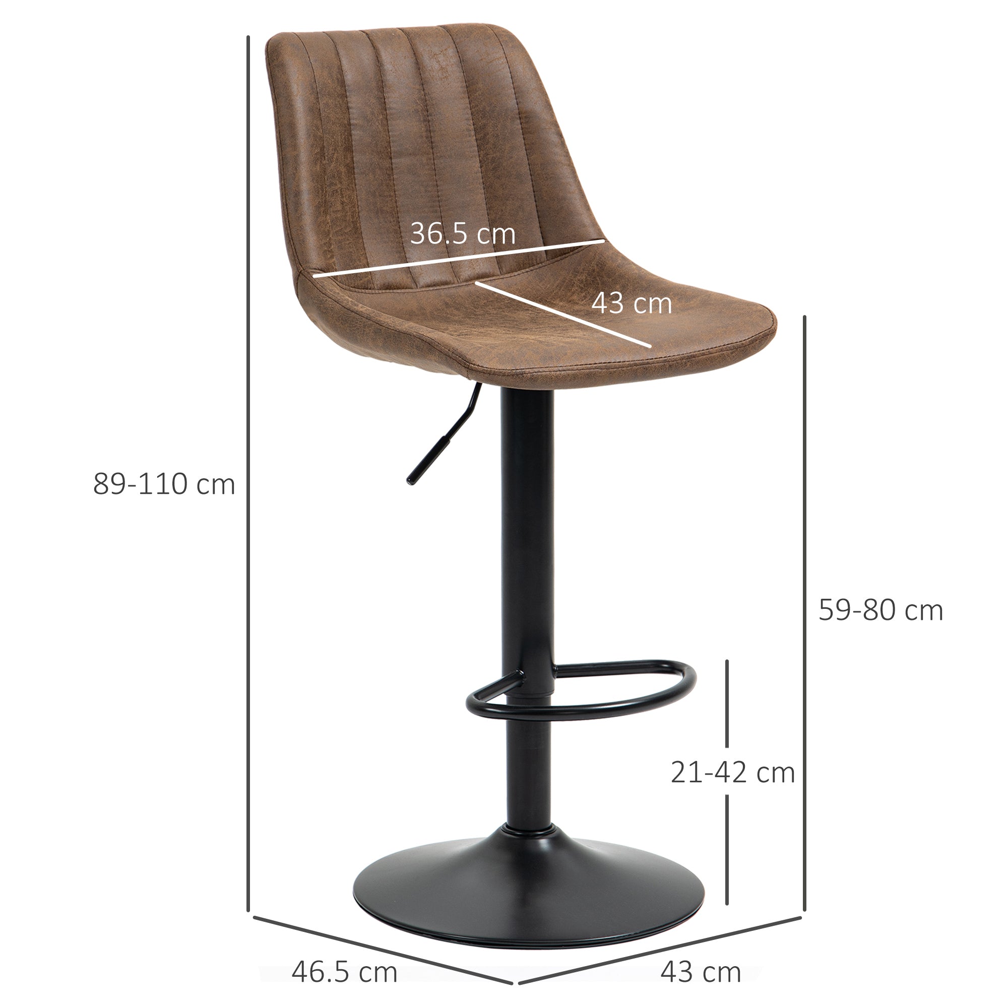 HOMCOM Adjustable Bar Stools Set of 2 Counter Height Barstools Dining Chairs 360° Swivel with Footrest for Home Pub, Brown - North Peak Garden Furniture