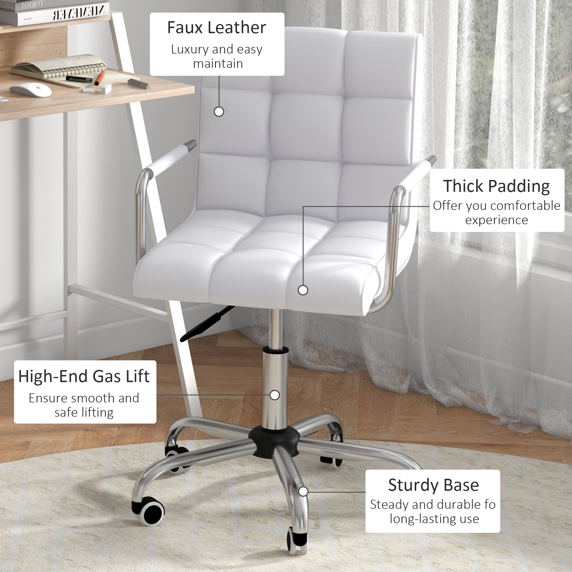 HOMCOM Home Office Chair and Computer Desk Set, Faux Leather Desk Chair with Swivel Wheels, Study Desk with Storage Shelf, White - North Peak Garden Furniture