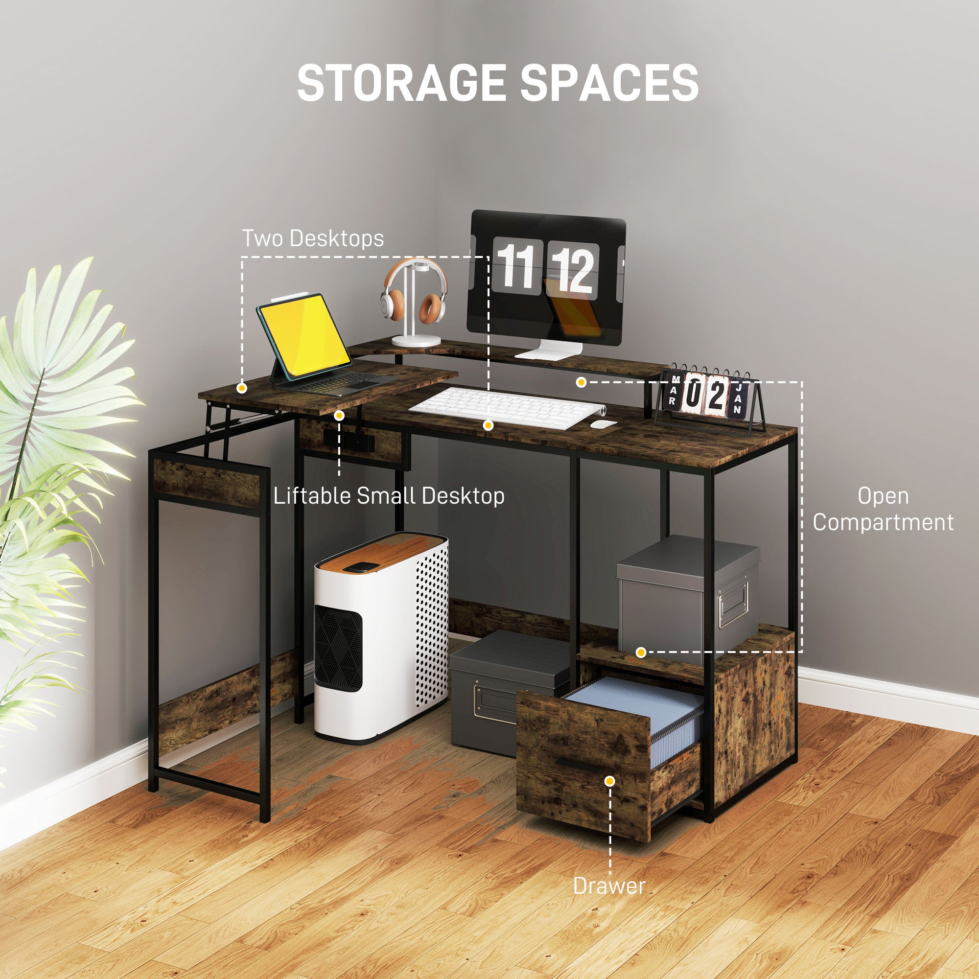 HOMCOM L Shaped Desk, Computer Desk with Liftable Desktop, Industrial Corner Desk with Drawer for A4/Letter Size, Home Office Desk with Monitor Stand for Home Office, Rustic Brown - North Peak Garden Furniture