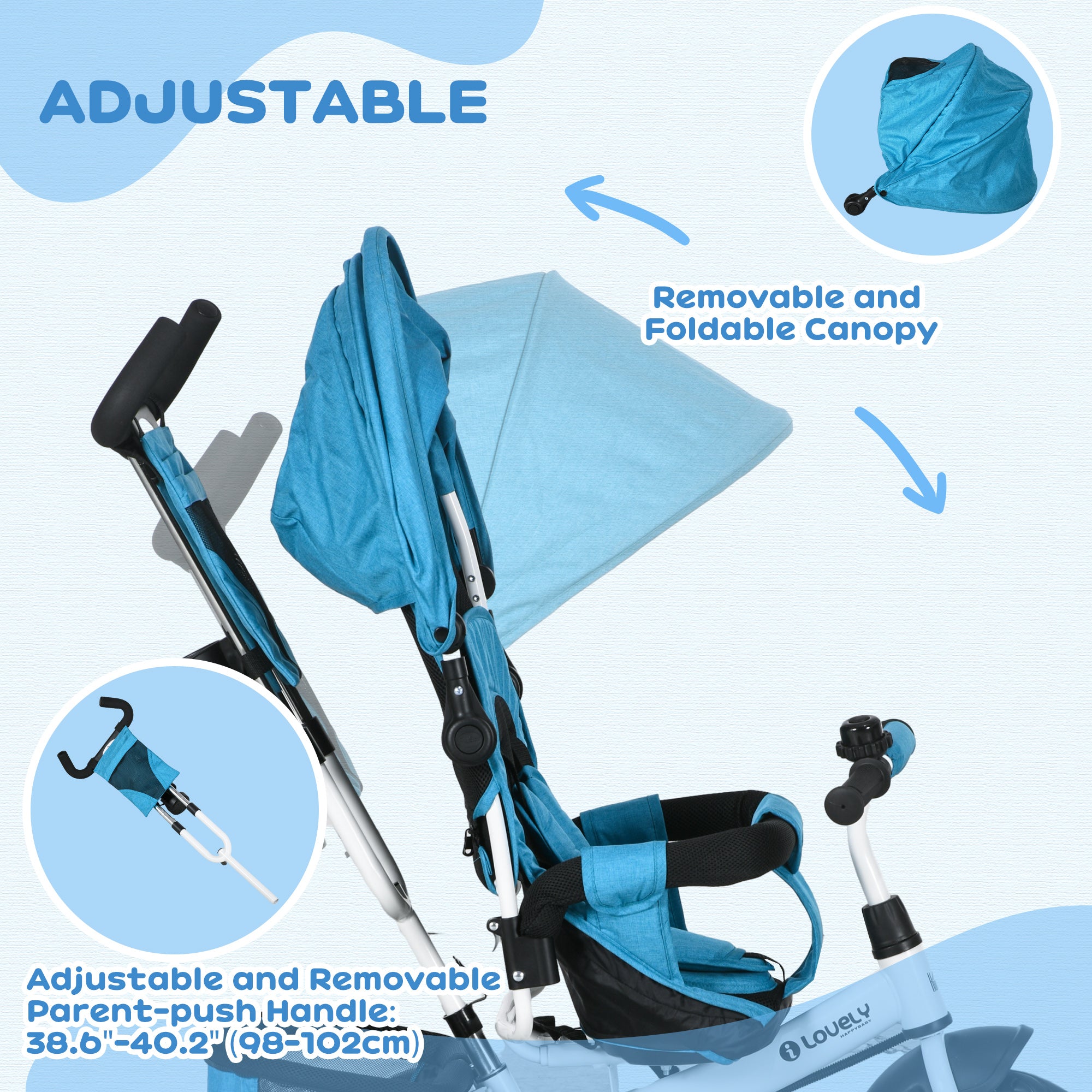 HOMCOM 6 in 1 Kids Trike Push Bike w/ Push Handle, Canopy, 5-point Safety Belt, Storage, Footrest, Brake, for 1-5 Years, Blue - North Peak Garden Furniture