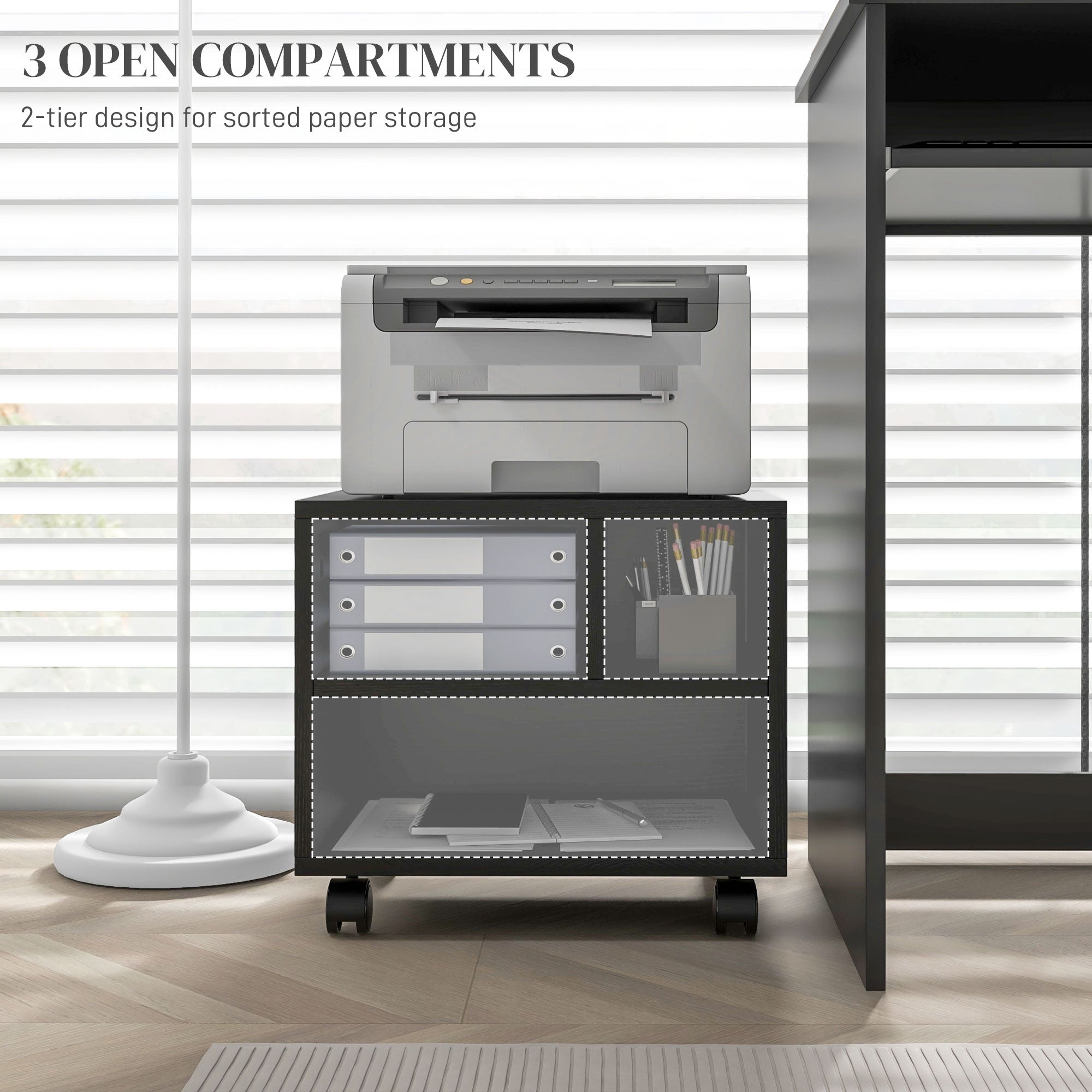 HOMCOM Three-Compartment Printer Cabinet, with Wheels - Black - North Peak Garden Furniture