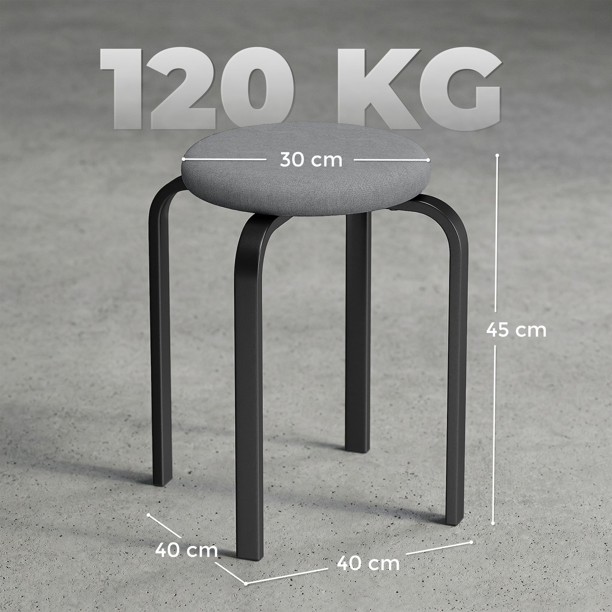 HOMCOM Stackable Stools Modern Cushioned Round Backless Stools Set of 4 Kitchen Dining Room Dark Grey