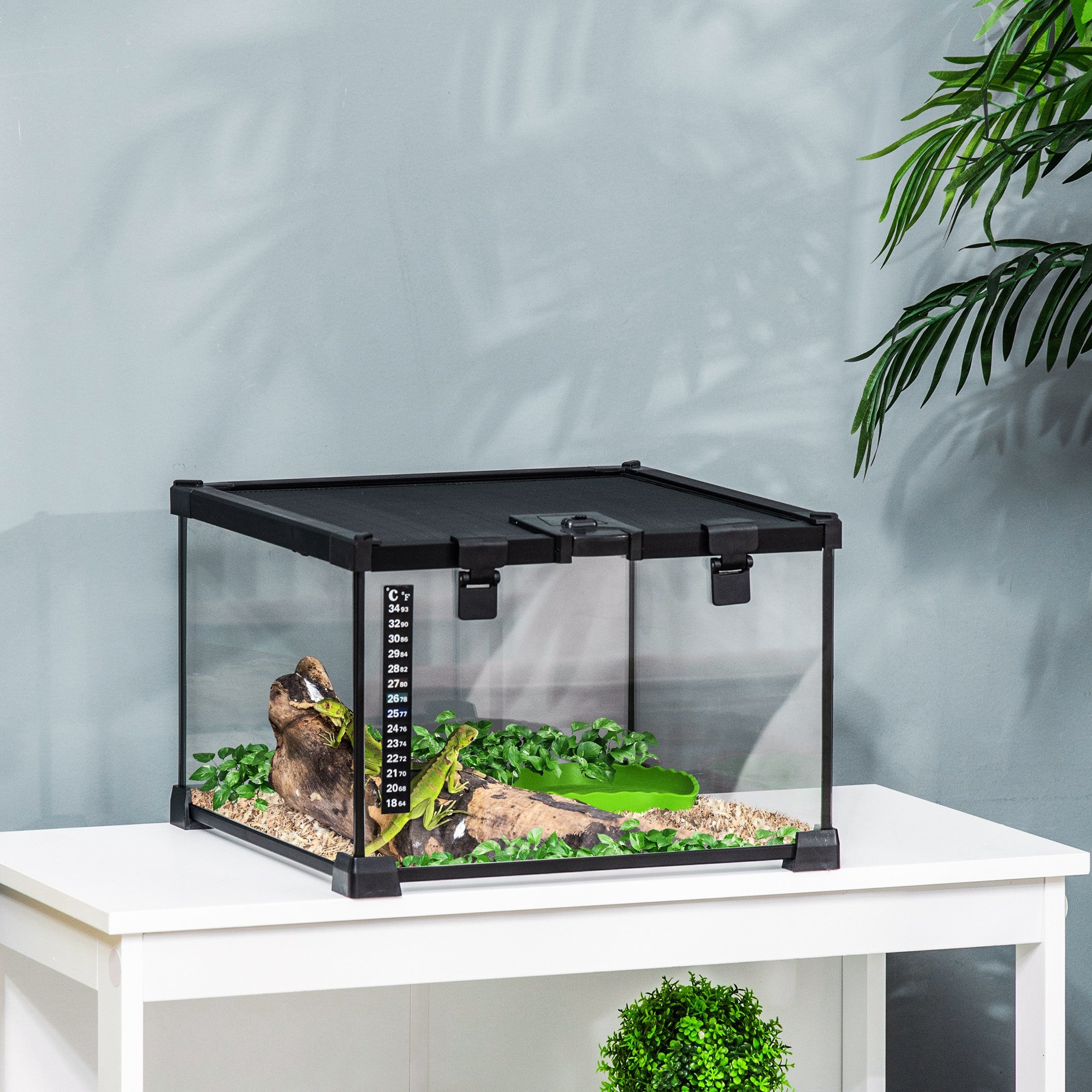 PawHut Glass Reptile Terrarium Insect Breeding Tank Vivarium Habitats with Thermometer for Lizards, Horned Frogs, Snakes, Spiders - Small 30 x 30 x 20cm - North Peak Garden Furniture