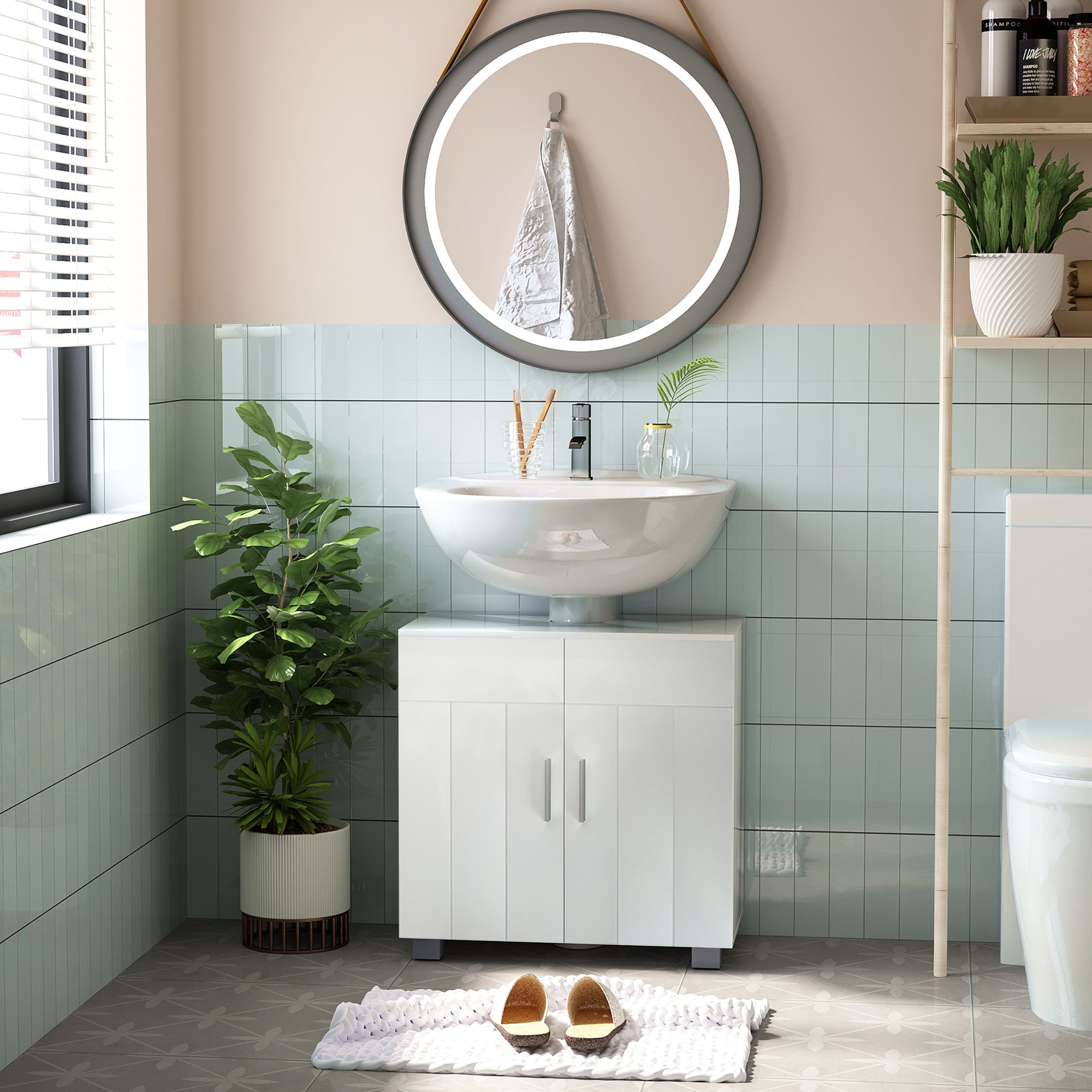 kleankin Pedestal Under Sink Cabinet, Modern Bathroom Vanity Unit, Storage Cupboard with Double Doors, Adjustable Shelf, White - North Peak Garden Furniture