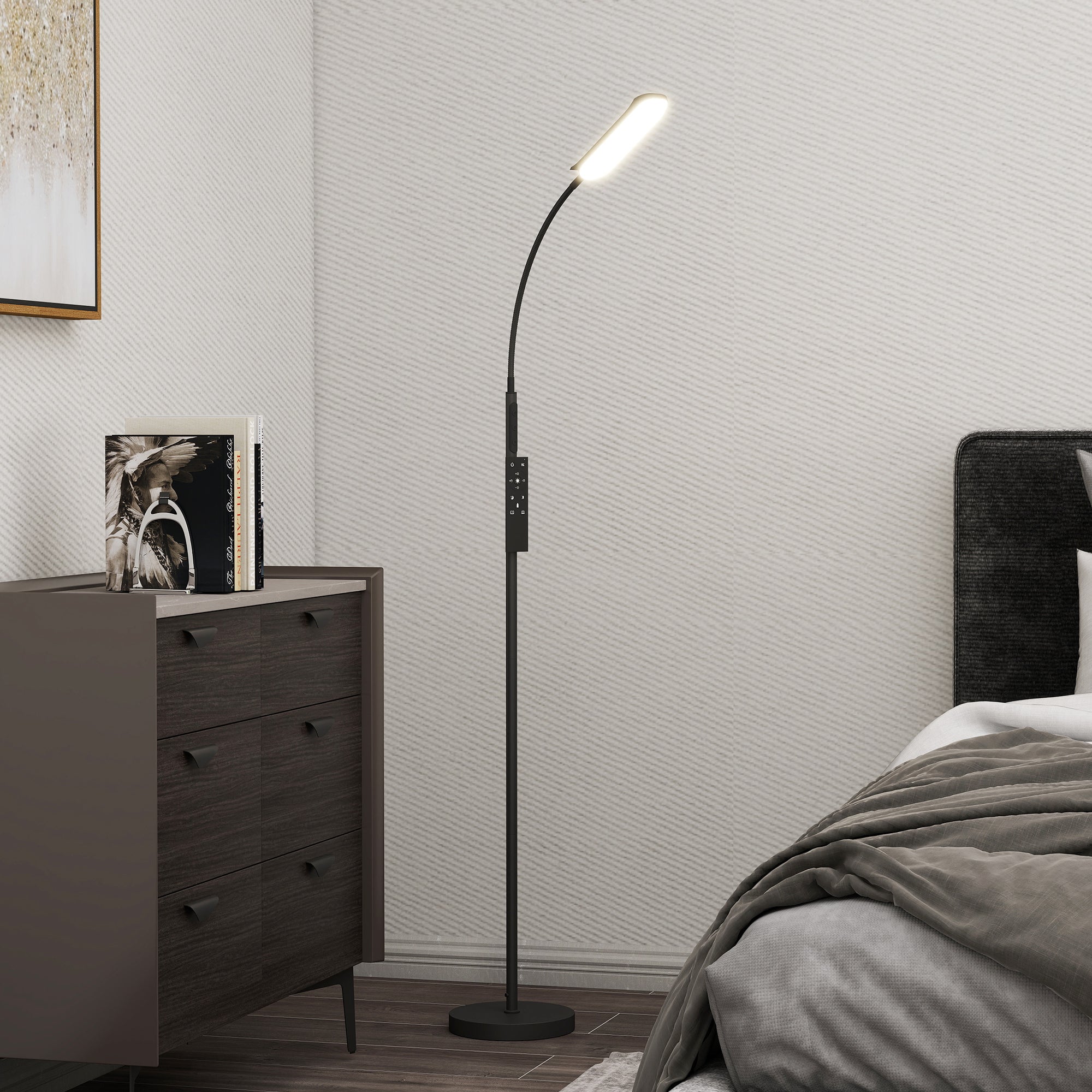 HOMCOM LED Floor Lamp, Standing Lamp with Remote & Touch Control, Stepless Dimmable Colours Temperature & Brightness, 360° Adjustable Gooseneck, 1 Hour Timer, Memory Function for Living Room, Black - North Peak Garden Furniture