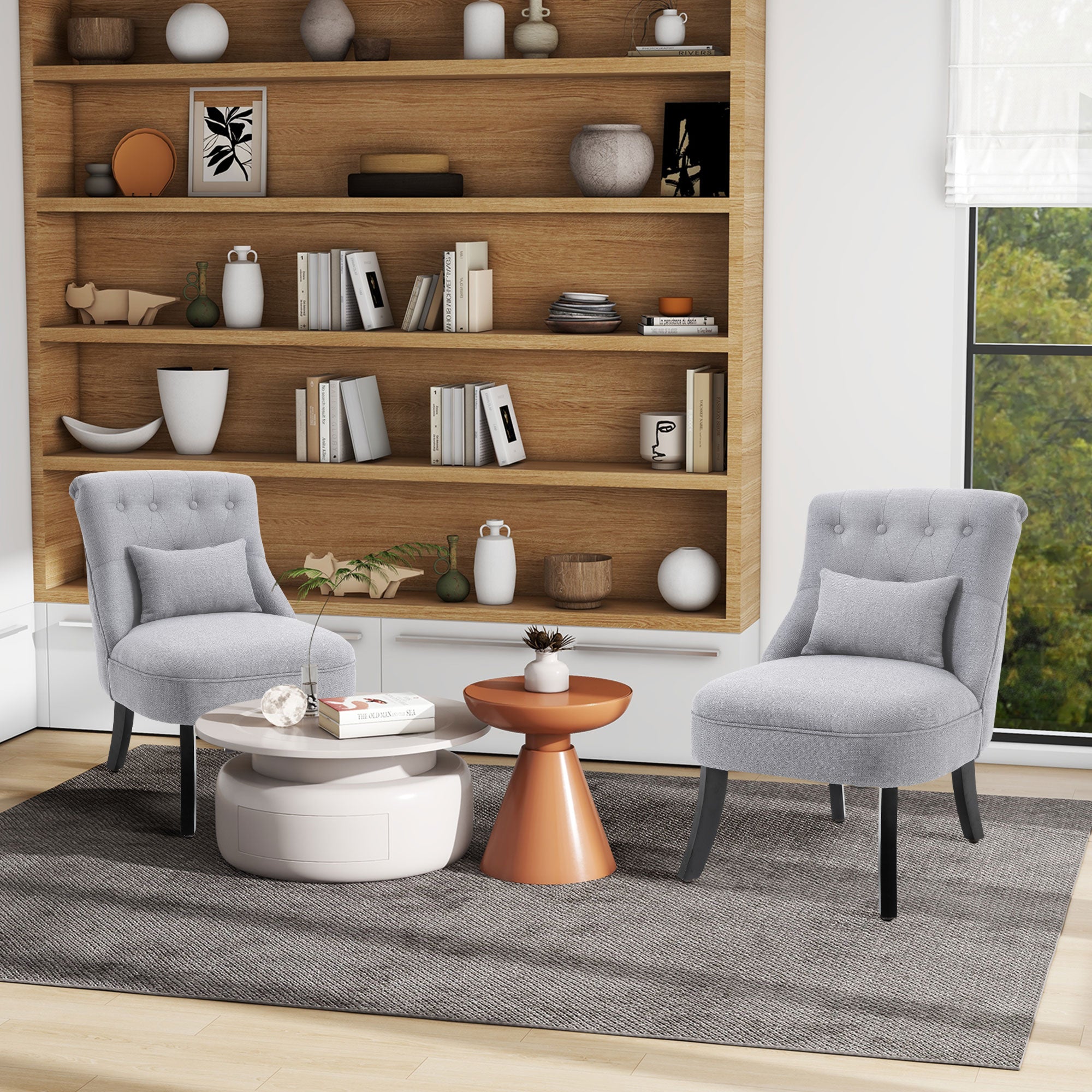HOMCOM Fabric Single Sofa, Tub Chair, Upholstered Bedroom Chair with Pillow, Solid Wood Leg for Home, Living Room, Dining Room, Set of 2, Grey - North Peak Garden Furniture