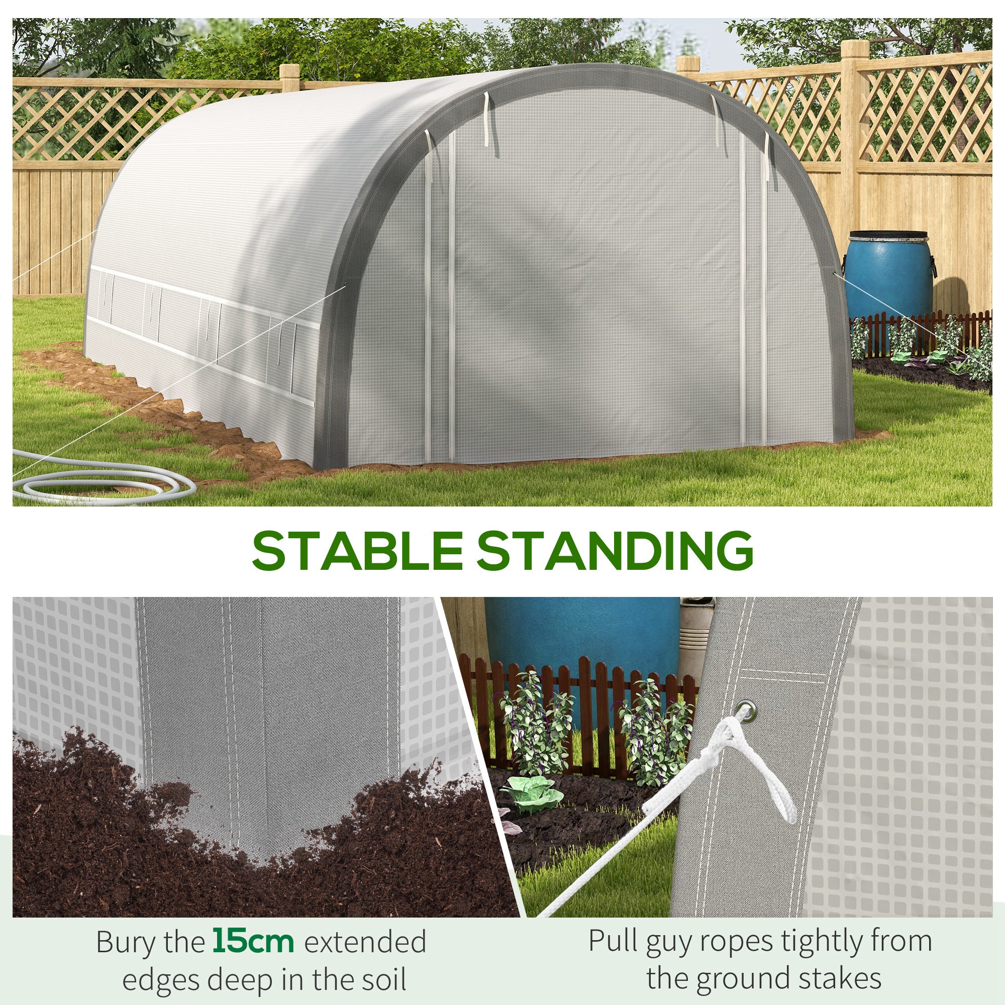 Outsunny 6 x 3(m) Polytunnel Greenhouse with Upgraded Structure, Mesh Door and Windows, 15 Plant Labels, White