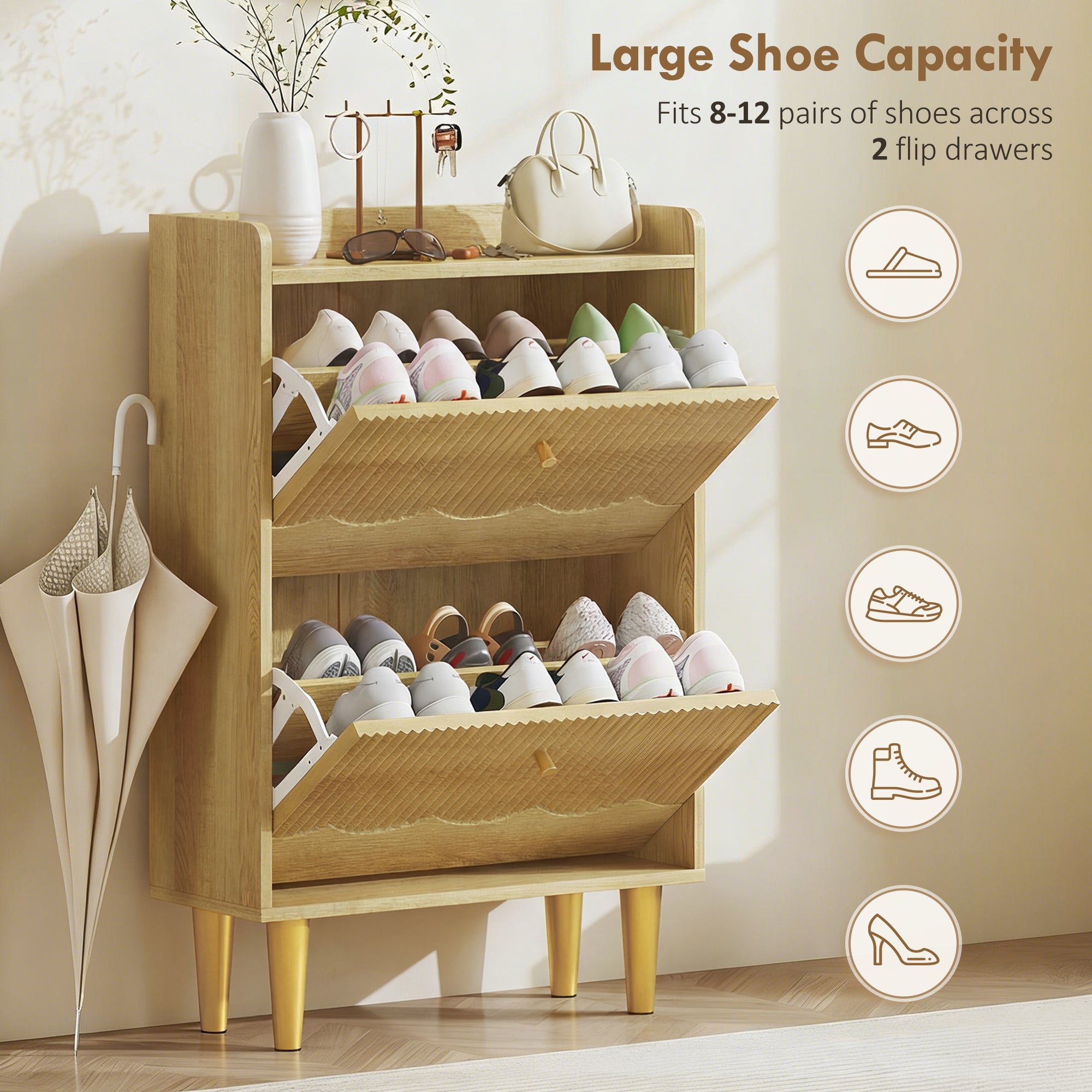 HOMCOM Narrow Shoe Cabinet, Modern Shoe Storage Cabinet with 2 Flip Drawers, Oak