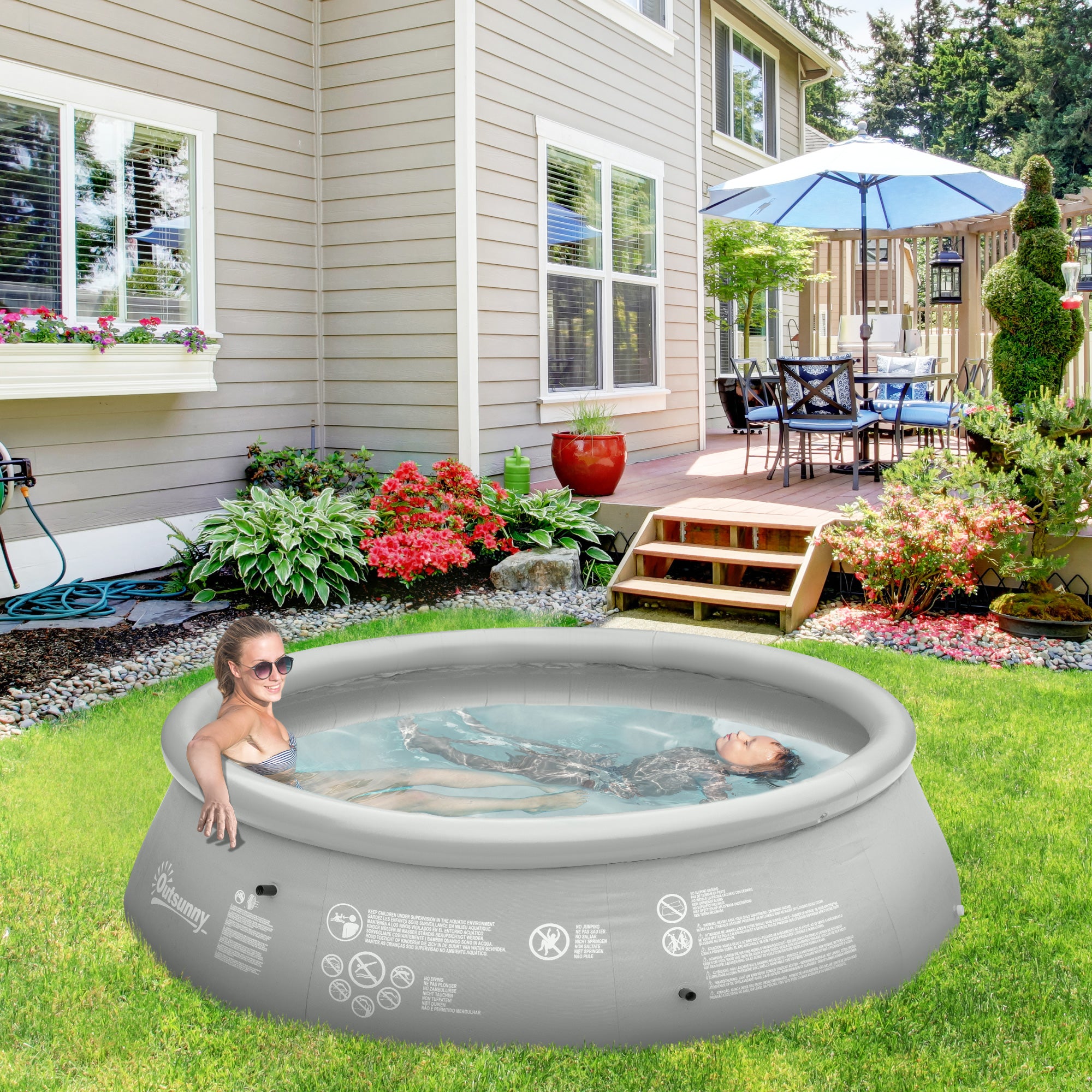 Outsunny 274cm x 76cm Inflatable Swimming Pool Family-Sized Blow Up Pool Round Paddling Pool with Hand Pump for Adults, Outdoor, Garden and Backyard, Grey