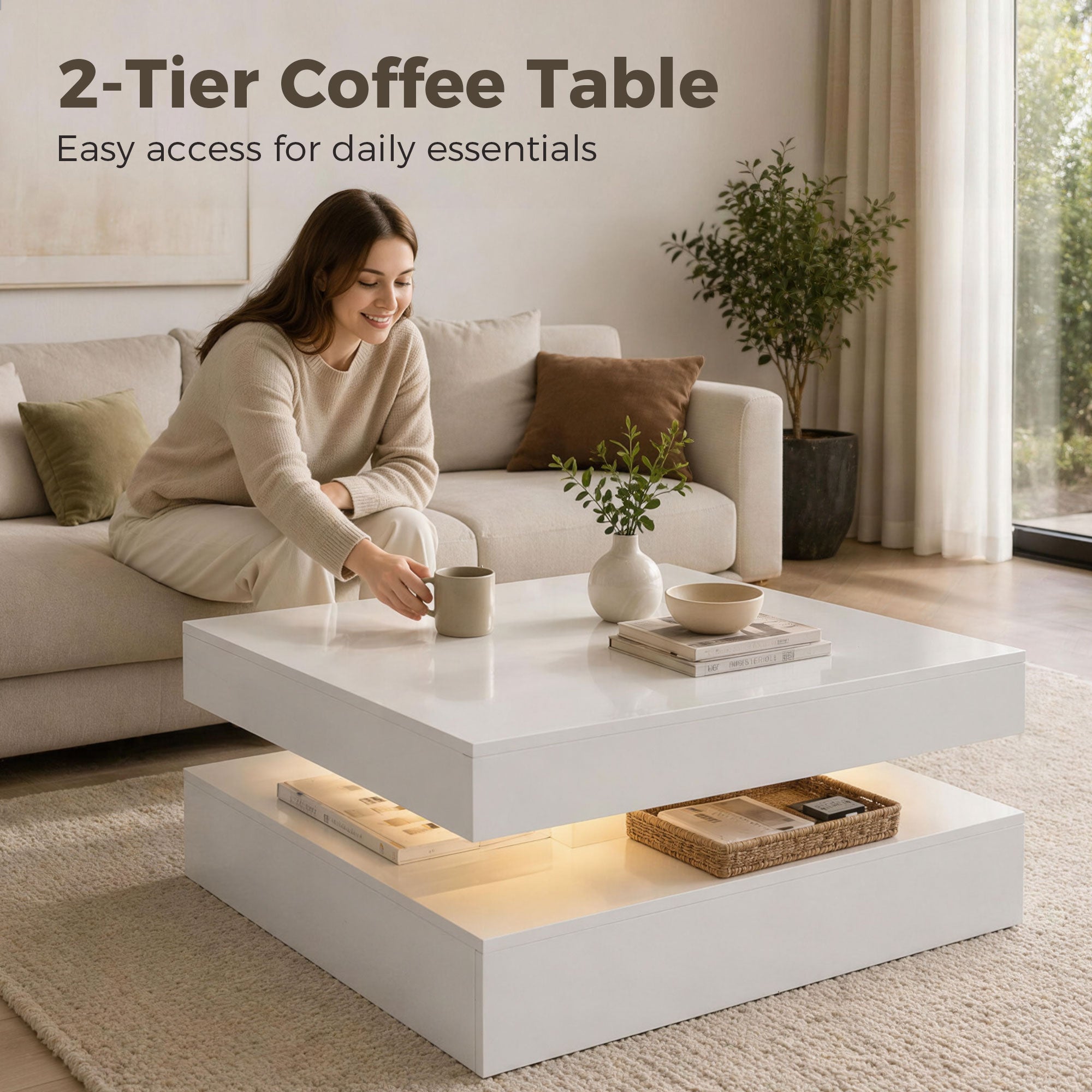 HOMCOM LED Coffee Table with Storage, 2-Tier Modern Centre Table with Open Shelf and Remote for Living Room, High Gloss White
