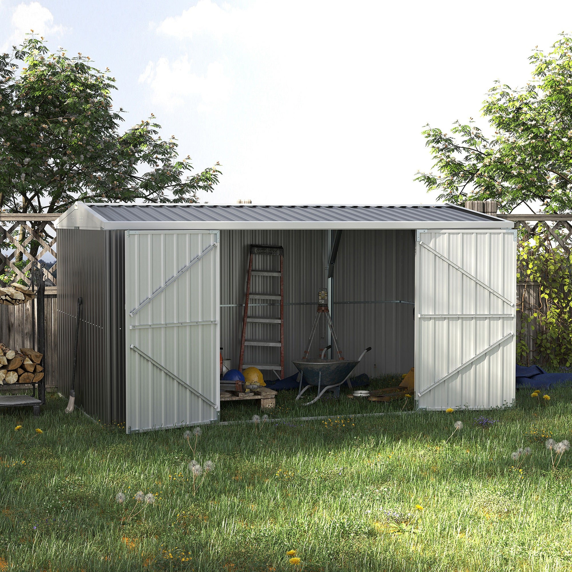 Outsunny 14 x 8ft Outdoor Garden Metal Storage Shed with Lockable Door, Tool Storage Box for Garden, Patio and Lawn, Grey - North Peak Garden Furniture