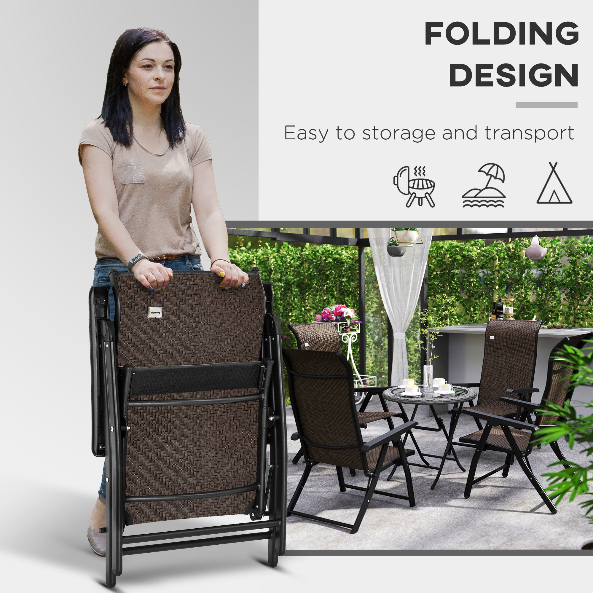 Outsunny Set of Four Folding Garden Chairs, with Seven-Position Adjustable Backs, Dark Brown - North Peak Garden Furniture