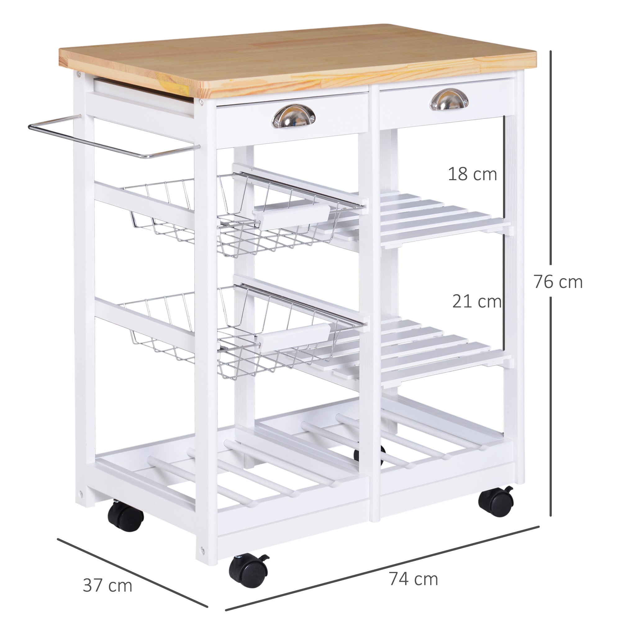 HOMCOM Rolling Kitchen Island Trolley Cart Drawer Shelves Basket Wheels W/ 6 Bottle Wine Rack White - North Peak Garden Furniture