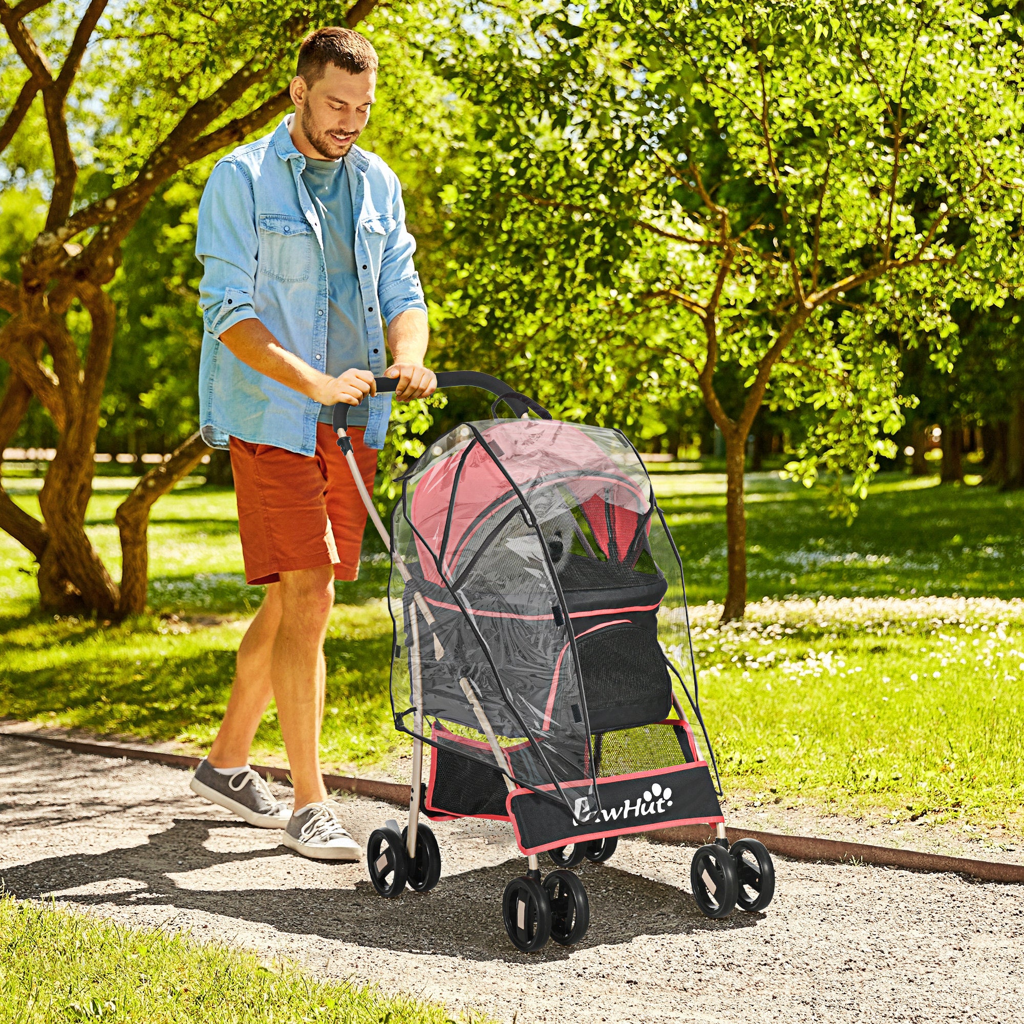 PawHut Detachable Pet Stroller with Rain Cover, 3 In 1 Cat Dog Pushchair, Foldable Carrying Bag w/ Universal Wheels, Brake, Canopy, Basket, Storage Bag for Small and Tiny Dogs - Red - North Peak Garden Furniture