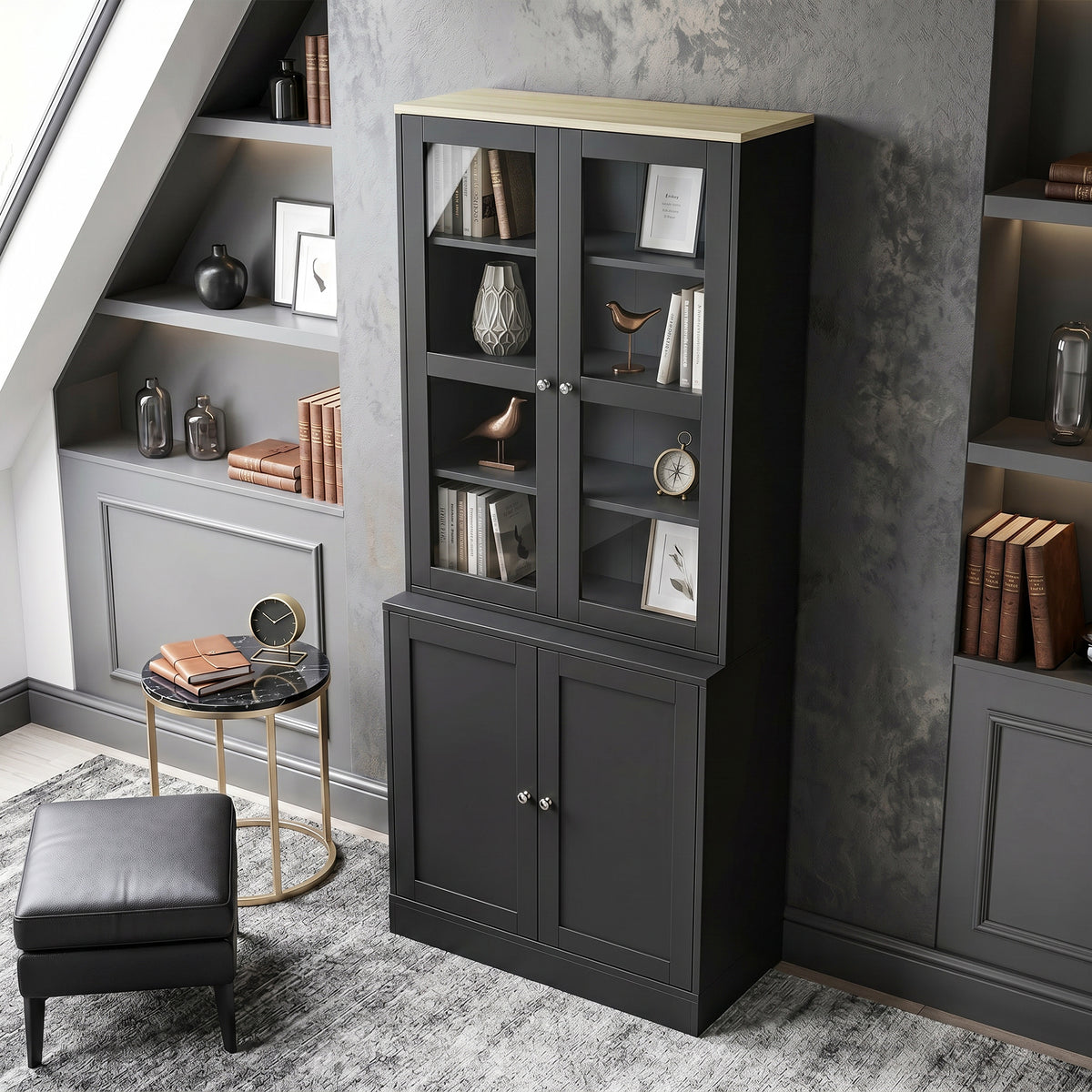 HOMCOM Modern Bookcase Display Storage Unit with Glass Doors Adjustable Shelves, Black