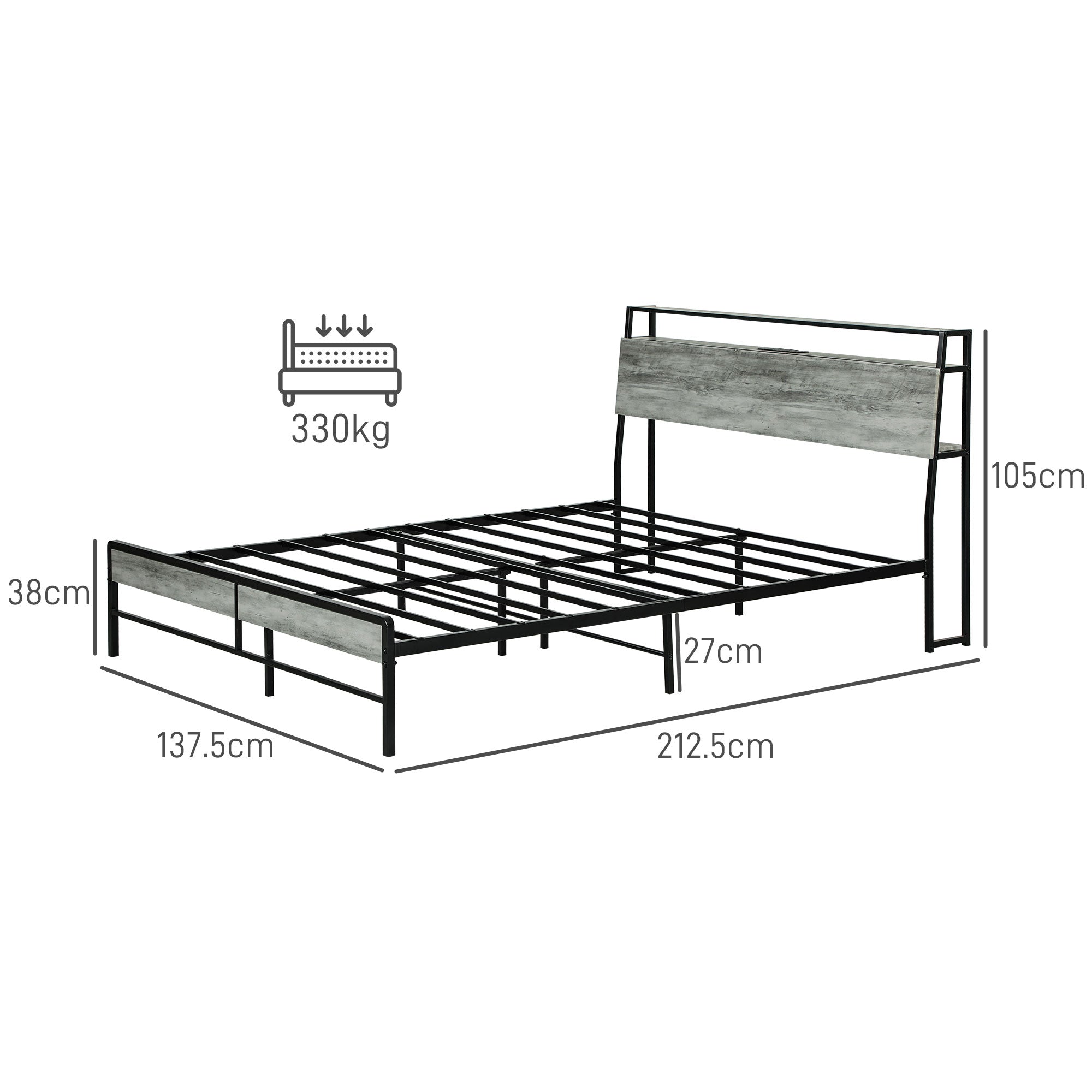 HOMCOM Double Steel Bed Frame, with LED Lights and Headboard Shelf - Grey