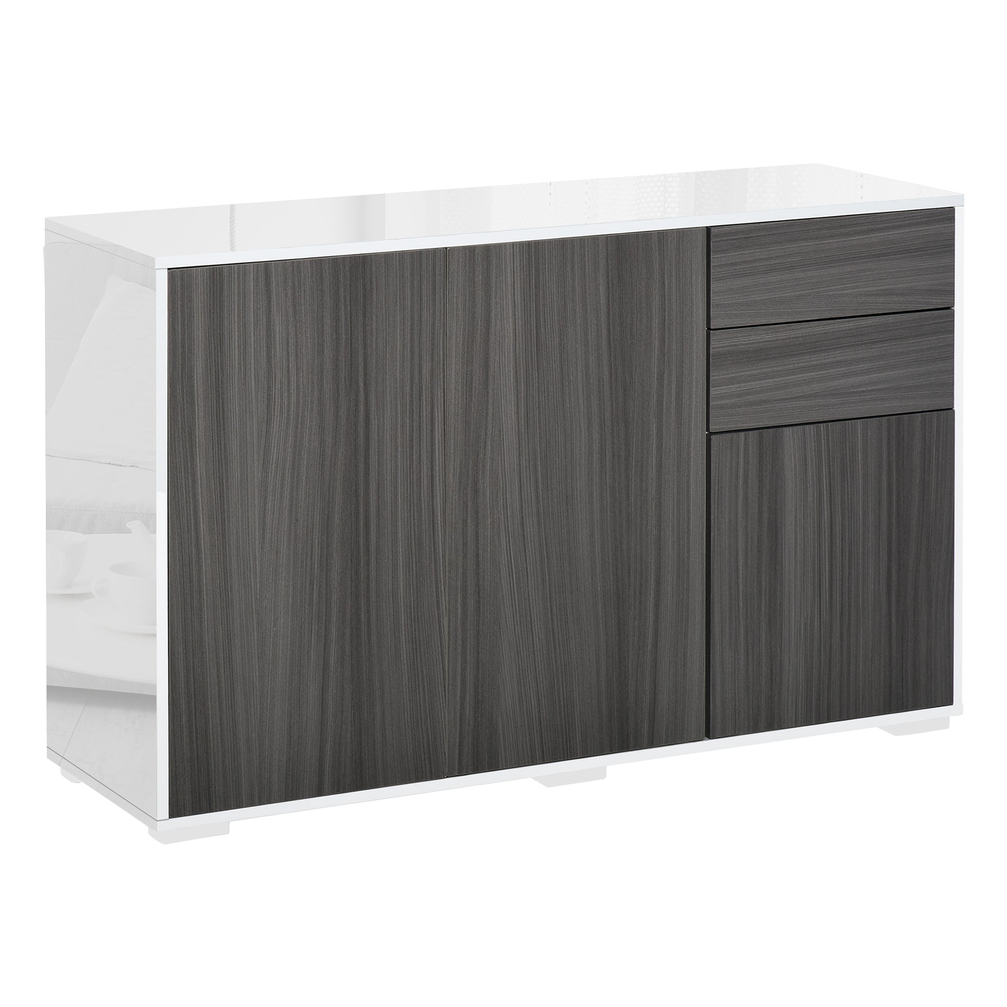HOMCOM High Gloss Frame Sideboard, Side Cabinet, Push-Open Design with 2 Drawer for Living Room, Bedroom, Light Grey and White - North Peak Garden Furniture