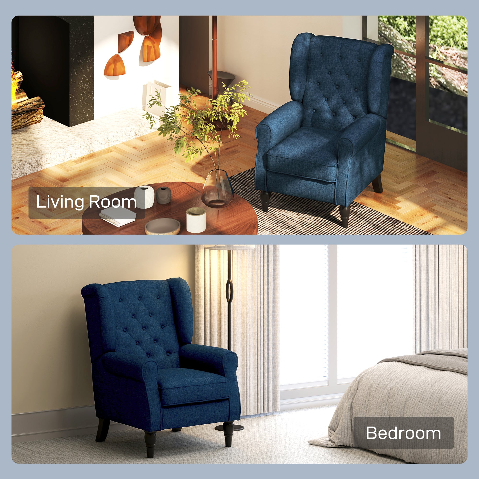 HOMCOM Wingback Accent Chair, Retro Upholstered Button Tufted Occasional Chair for Living Room and Bedroom, Blue - North Peak Garden Furniture