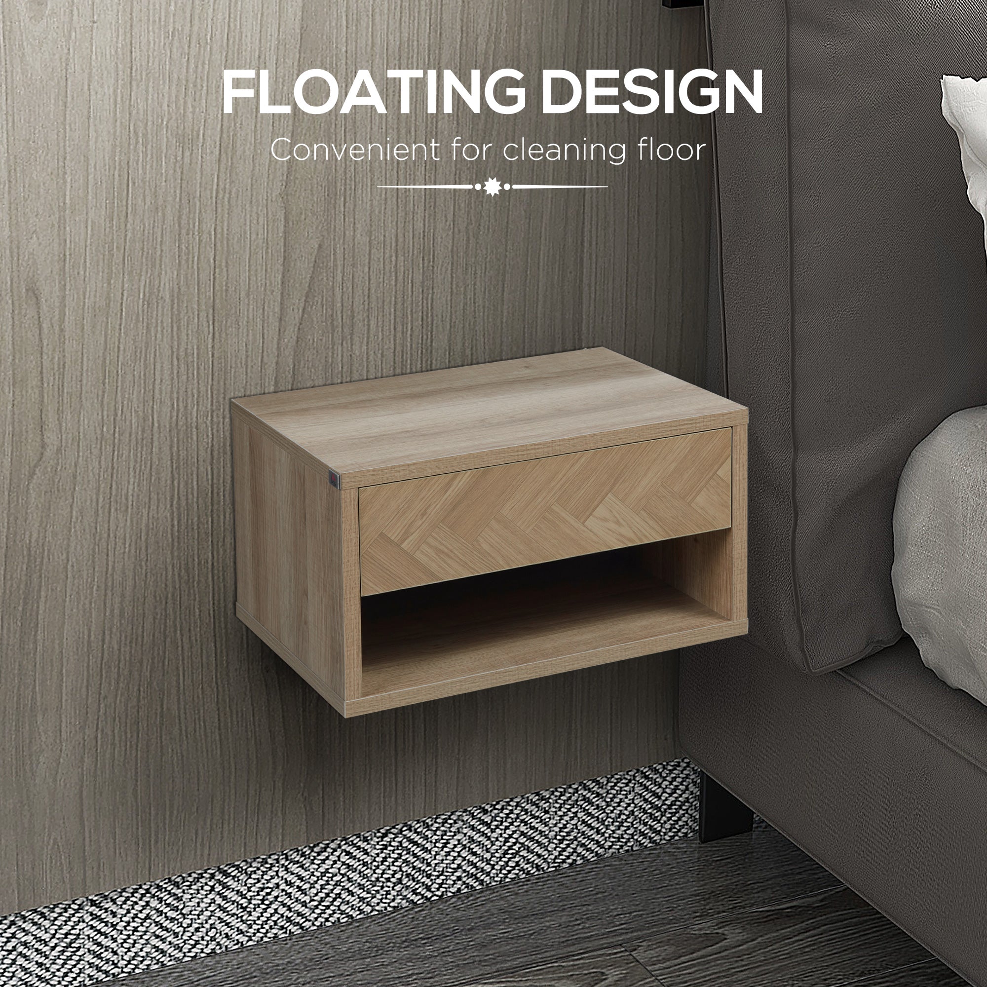 HOMCOM 2 Pieces Bedside Table Wall Mounted Nightstand with Drawer and Shelf for Bedroom, 37 x 32 x 21cm, Natural - North Peak Garden Furniture