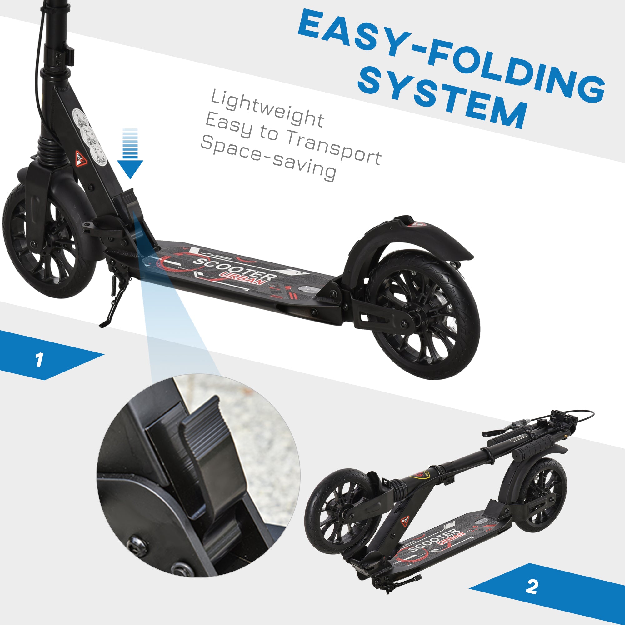 HOMCOM Adult Teens Kick Scooter Foldable Height Adjustable Aluminum Ride On Toy for 14+ with Rear Wheel & Hand Brake, Shock Mitigation System - Black - North Peak Garden Furniture