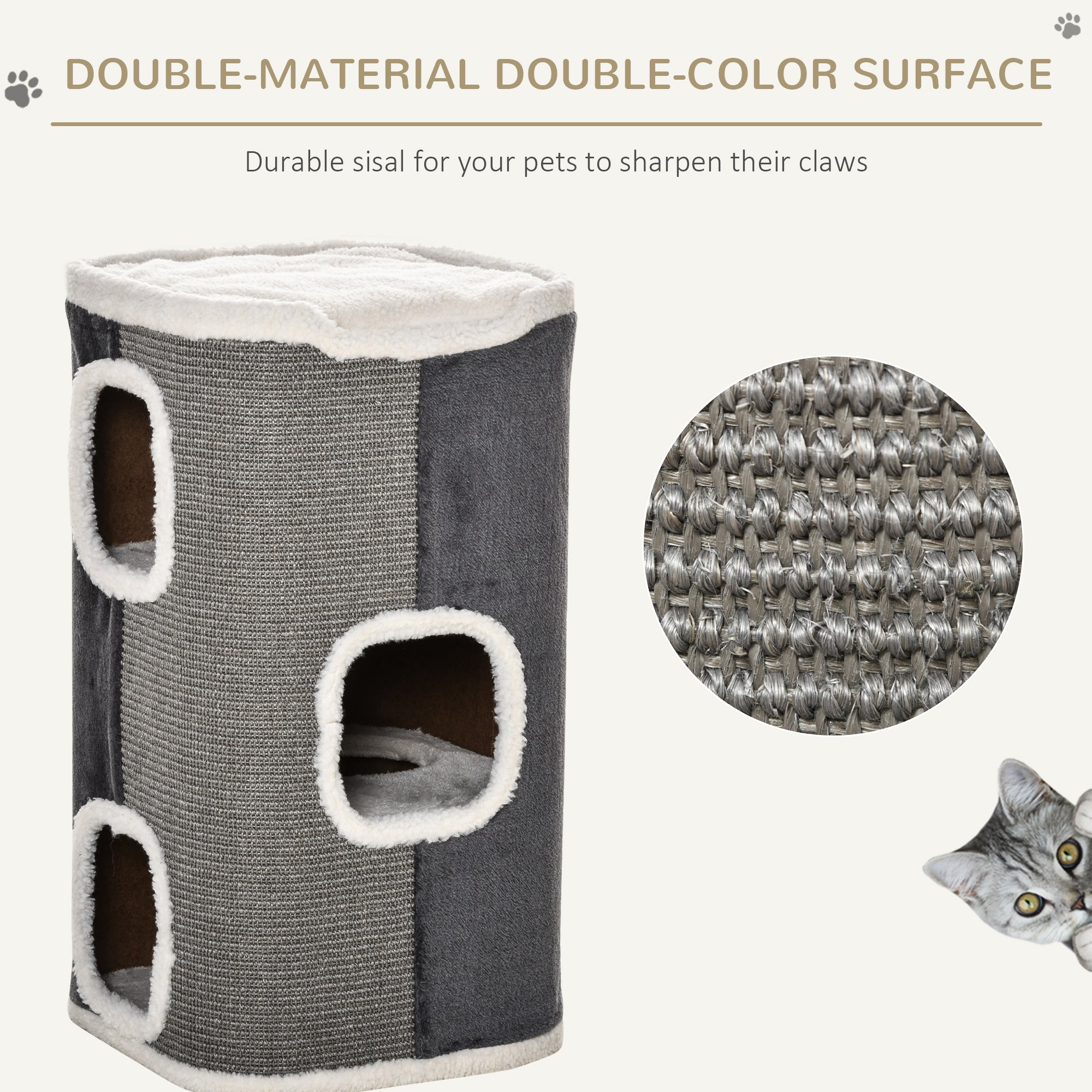 PawHut Sisal Cat Barrel with Soft Plush & Lamb Fleece Grey - North Peak Garden Furniture