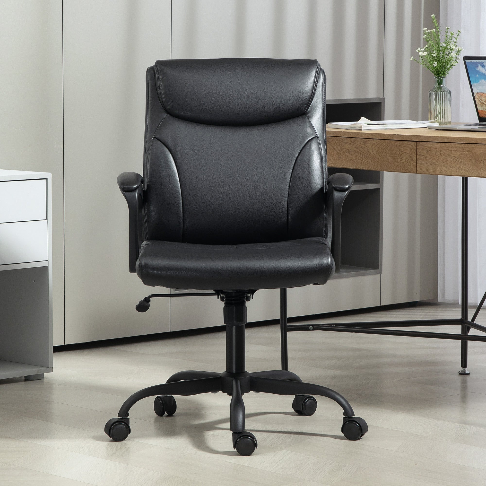 HOMCOM Executive Office Chair, Faux Leather Desk Chair with Height Adjustable, Swivel Wheels and Tilt Function, Computer Chair for Home Office and Study Room, Black - North Peak Garden Furniture
