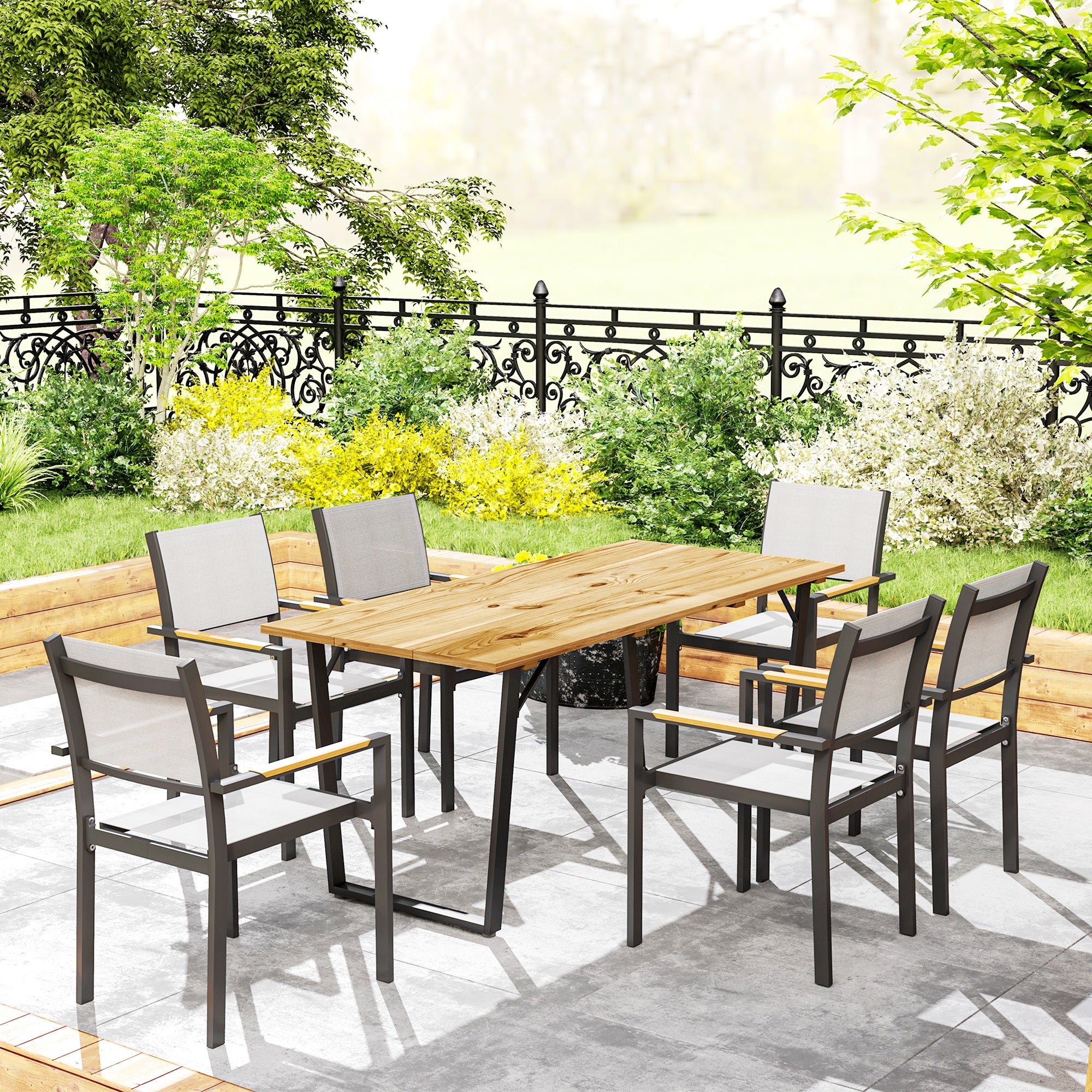 Outsunny Garden Table for 6, 175 x 80 cm Large Rectangle Outdoor Dining Table with 5cm Parasol Hole and Slatted Top, Weather Resistant Fir Wood Patio Table for Balcony, Terrace, Brown - North Peak Garden Furniture