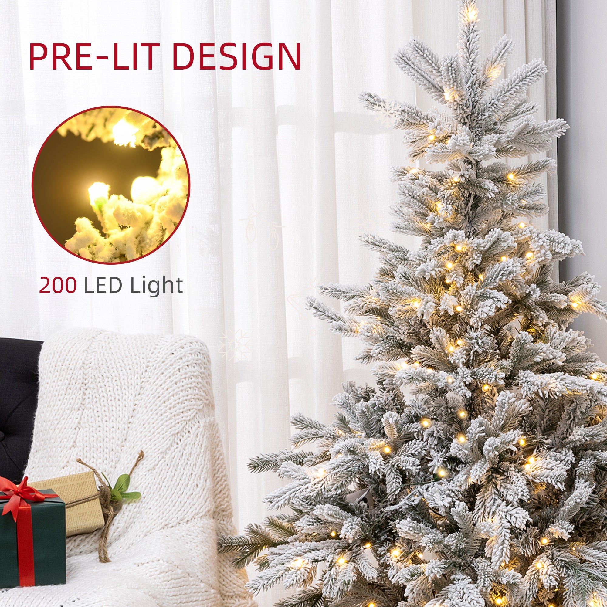 HOMCOM 5ft Bushy Snow-Flocked Artificial Christmas Tree, with LED Lights - North Peak Garden Furniture