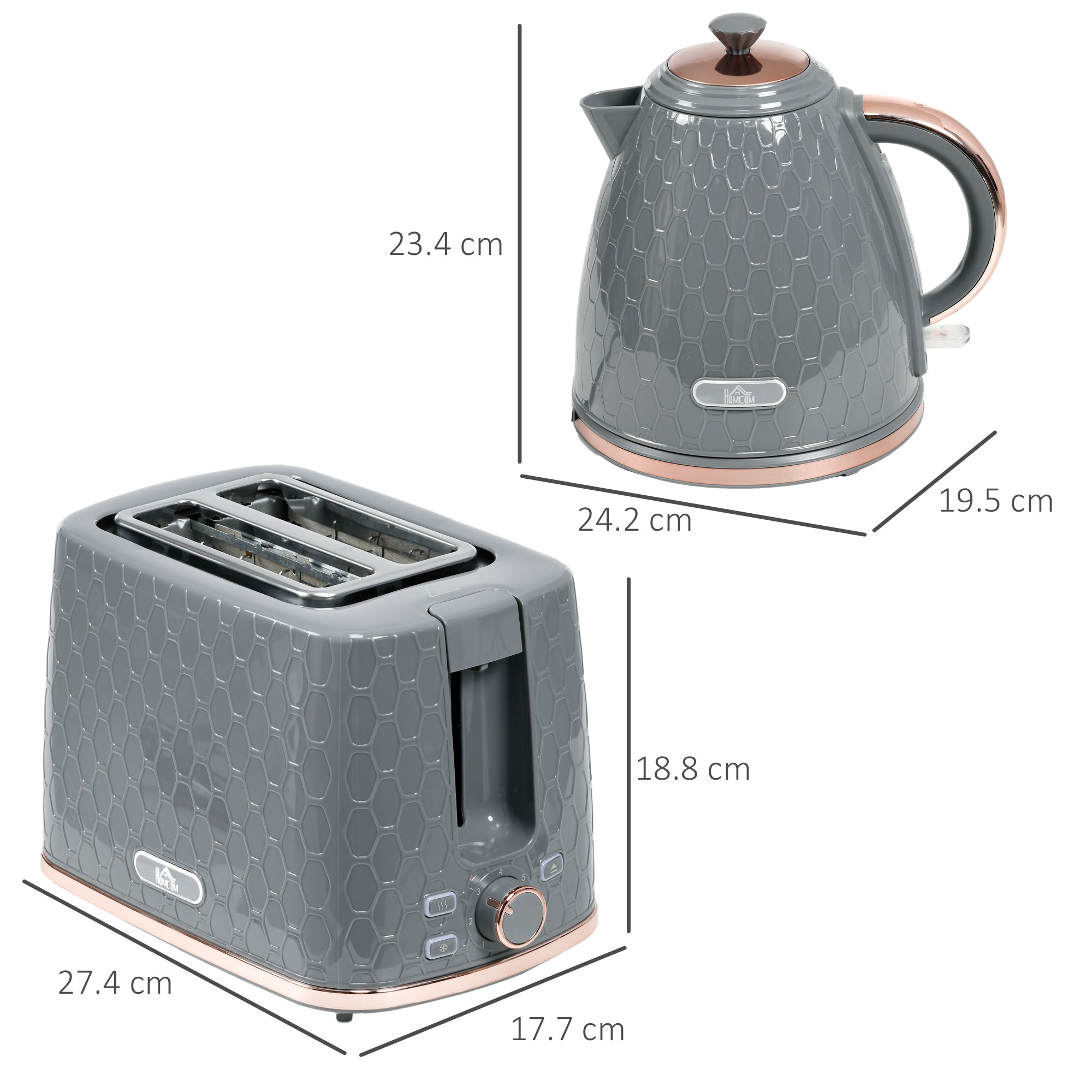 HOMCOM 1.7L 3000W Fast Boil Kettle & 2 Slice Toaster Set, Kettle and Toaster Set with Auto Shut Off, Browning Controls, Grey