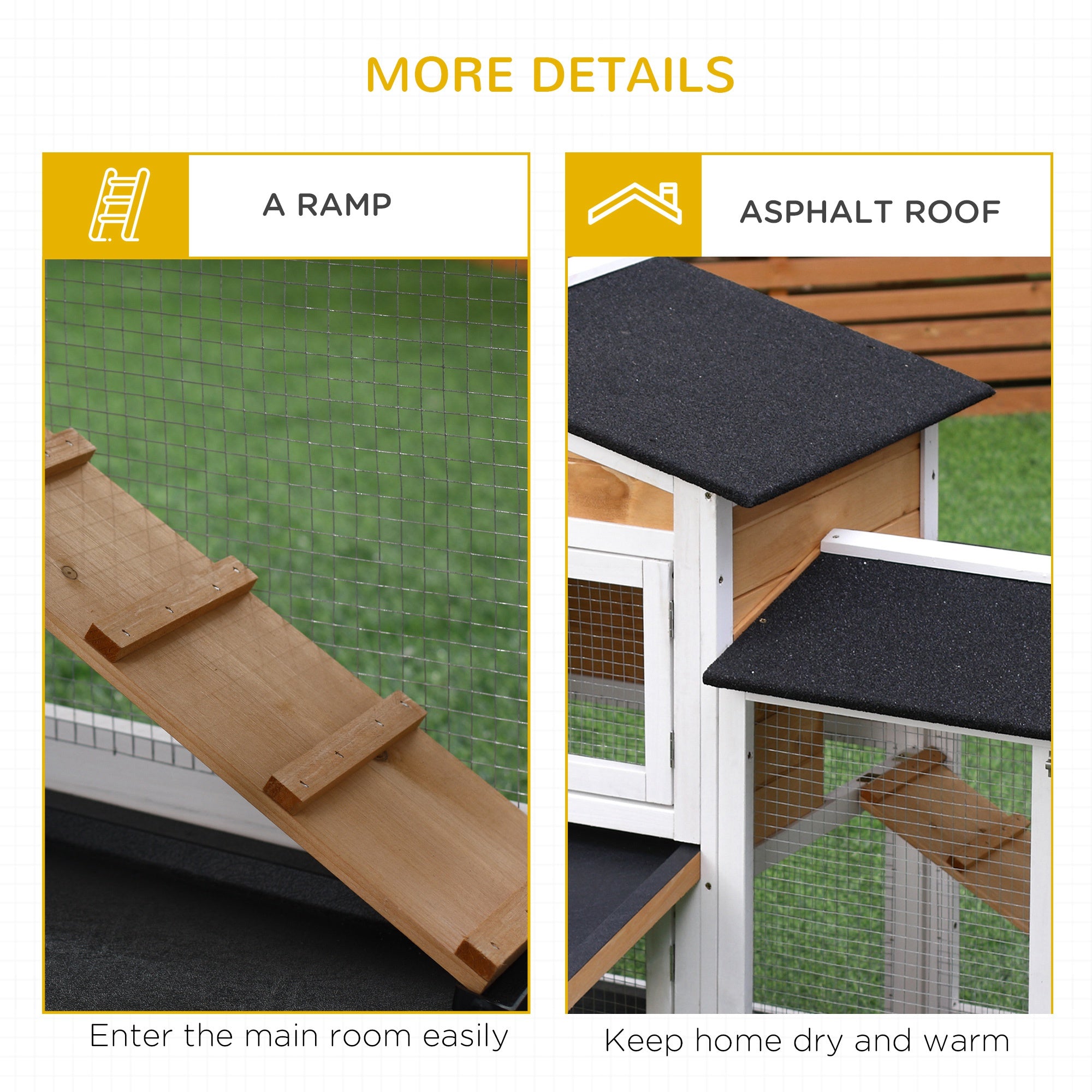 PawHut Rabbit Hutch Guinea Pig Hutch Wooden House with Run, 2 Tier Pet Cage Outdoor with No-leak Plastic Trays, 157.4 x 53 x 93.5cm, Yellow - North Peak Garden Furniture