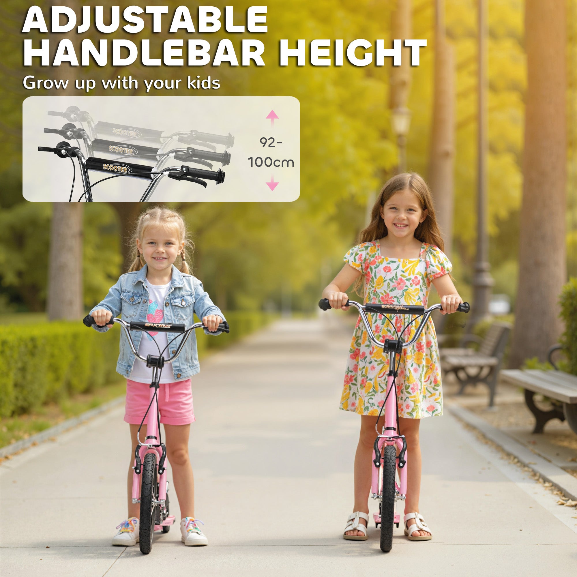 HOMCOM Teen Stunt Scooter Push Kick Scooters for Kids with Rubber Wheels Adjustable Handlebar Front Rear Dual Brakes Kickstand, for 5+ Years, Pink